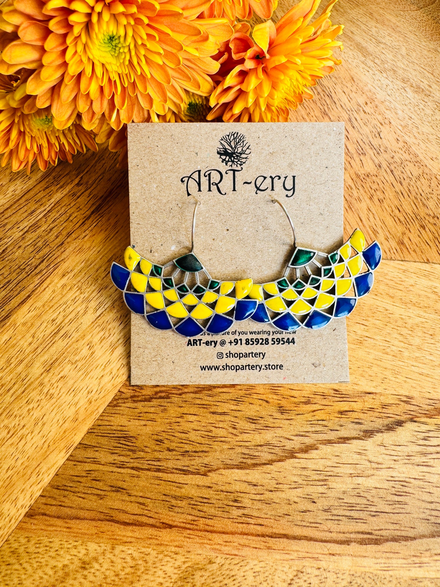 Enamel oxidised silver earring - yellow and blue
