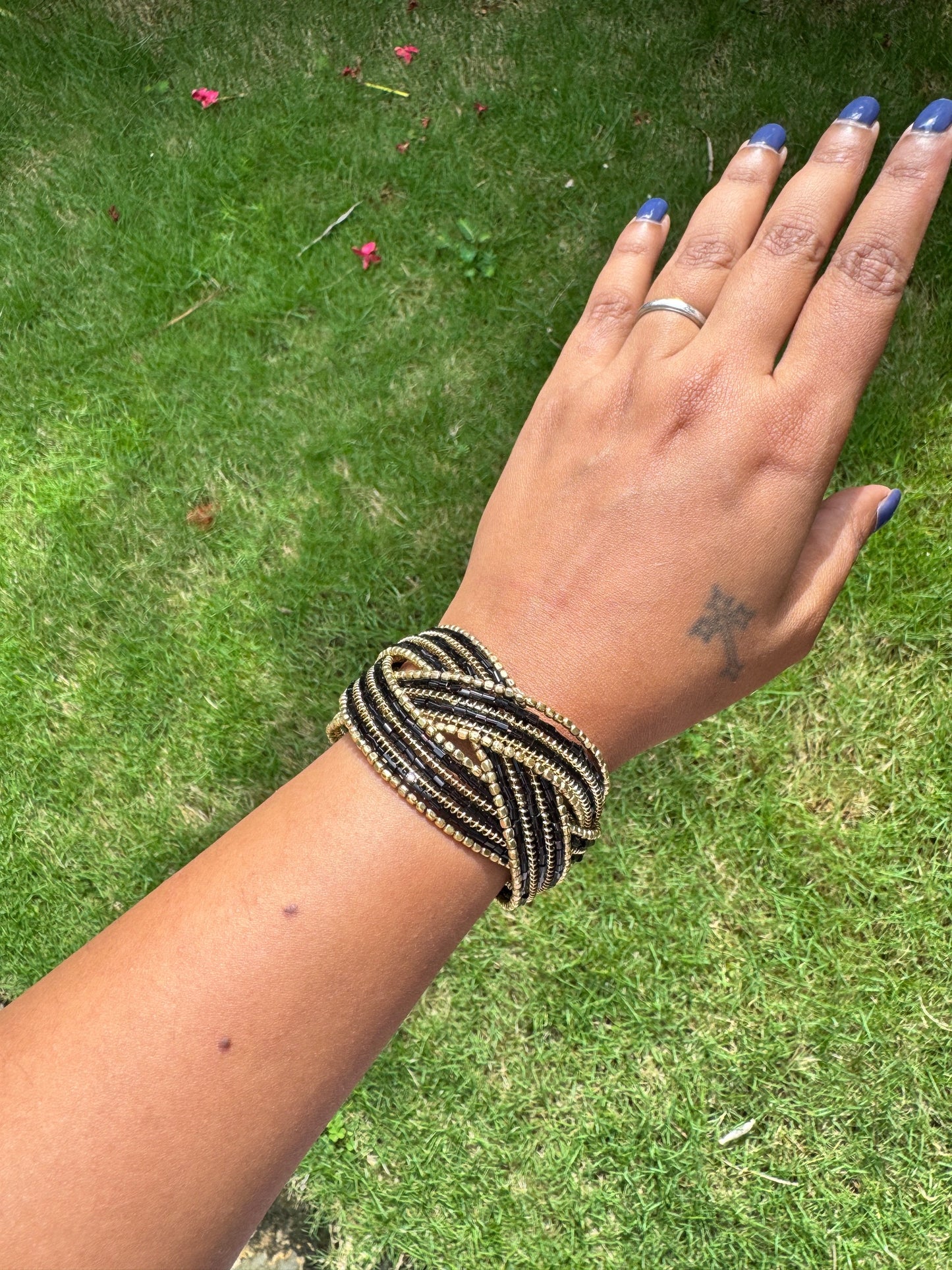 Beaded Black and gold free size arm cuff