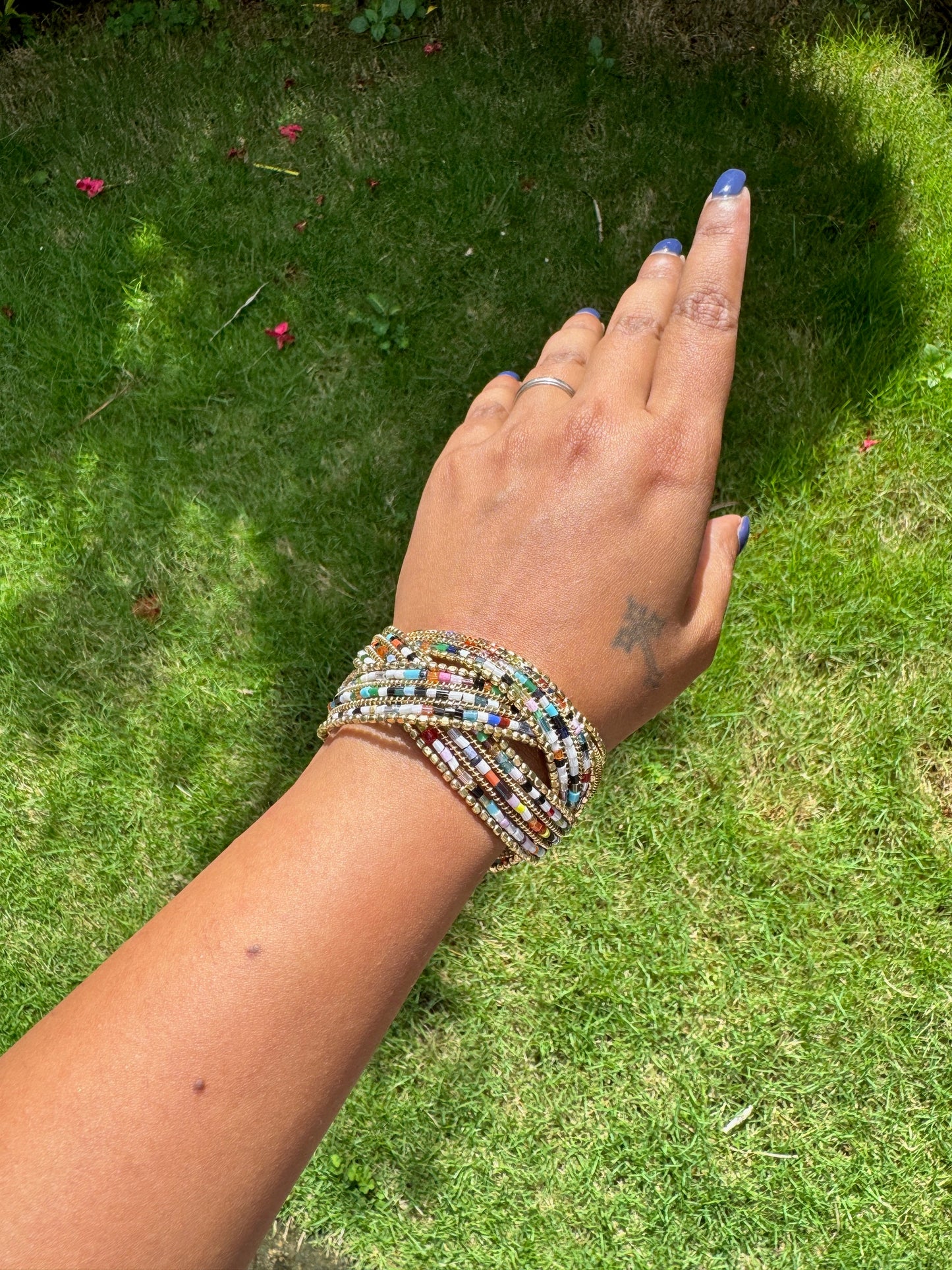 Beaded multi and gold free size arm cuff