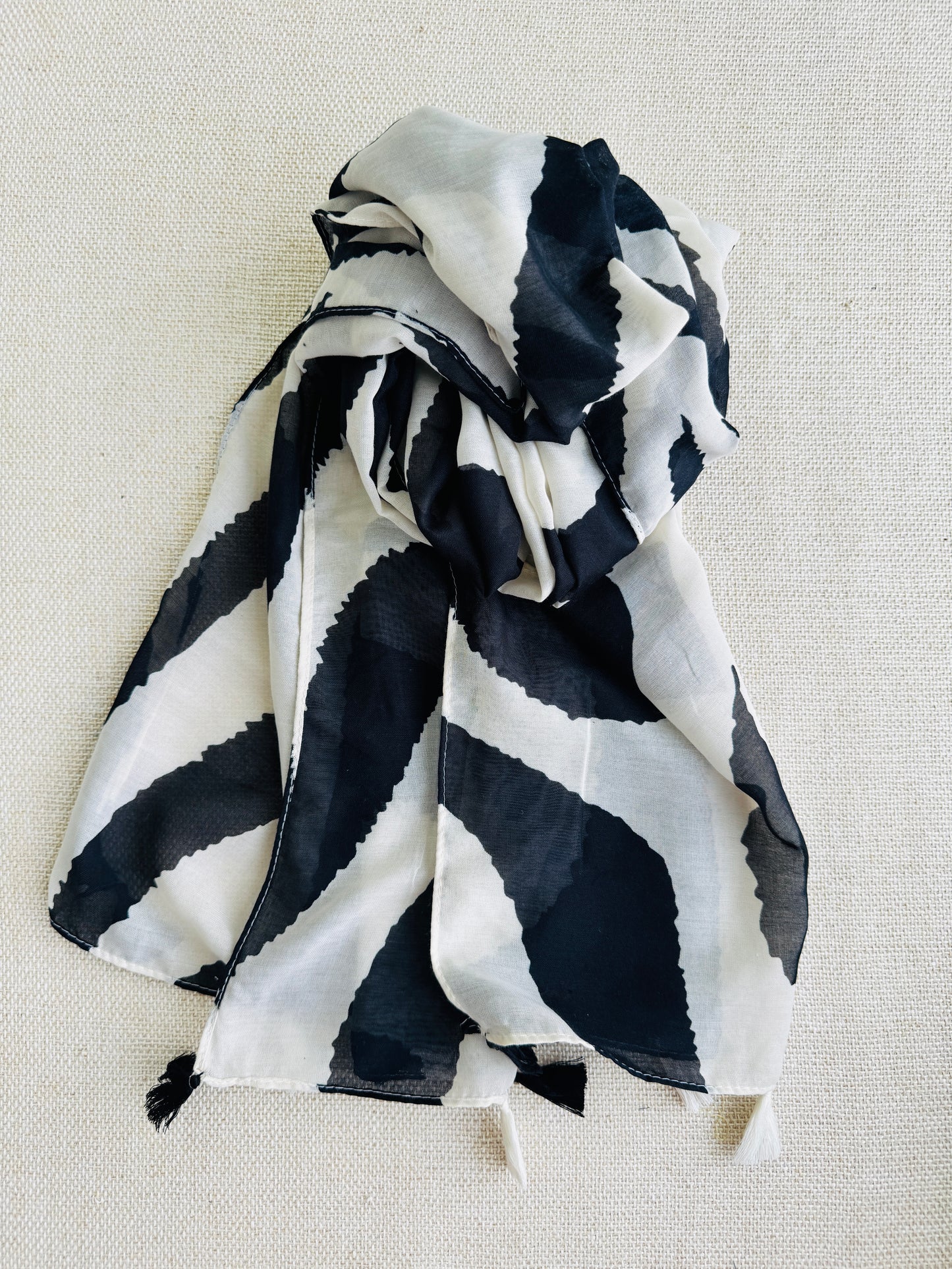 Bright poly cotton scarf - Lightweight long stole - Black and White stripe scarf