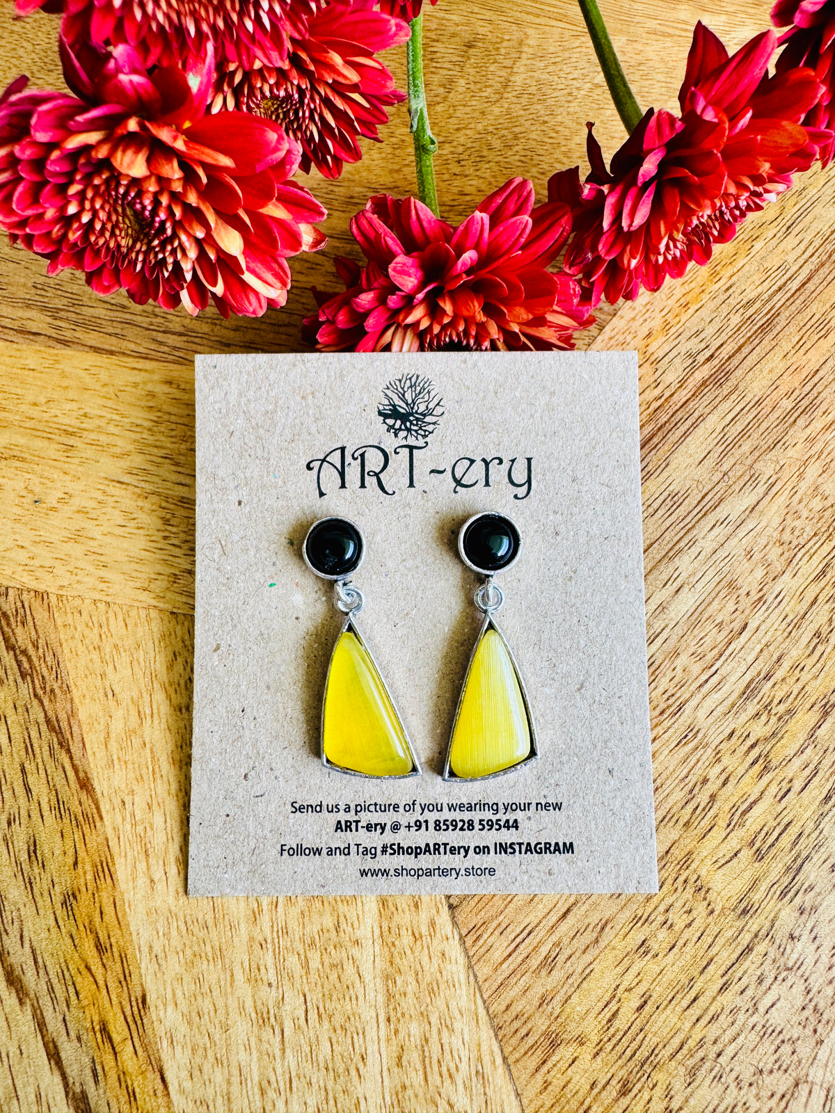 Geometric Stone Danglers in Oxidised Silver - yellow and black