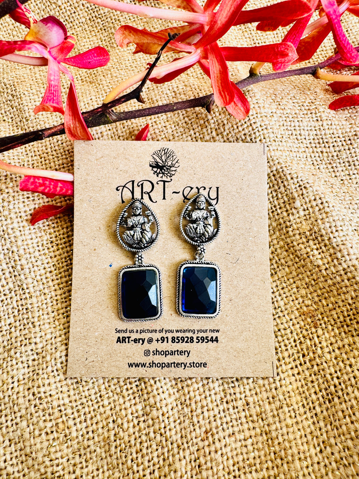 Oxidised Silver Goddess Lakshmi Earrings with Stone Drop - Deep blue