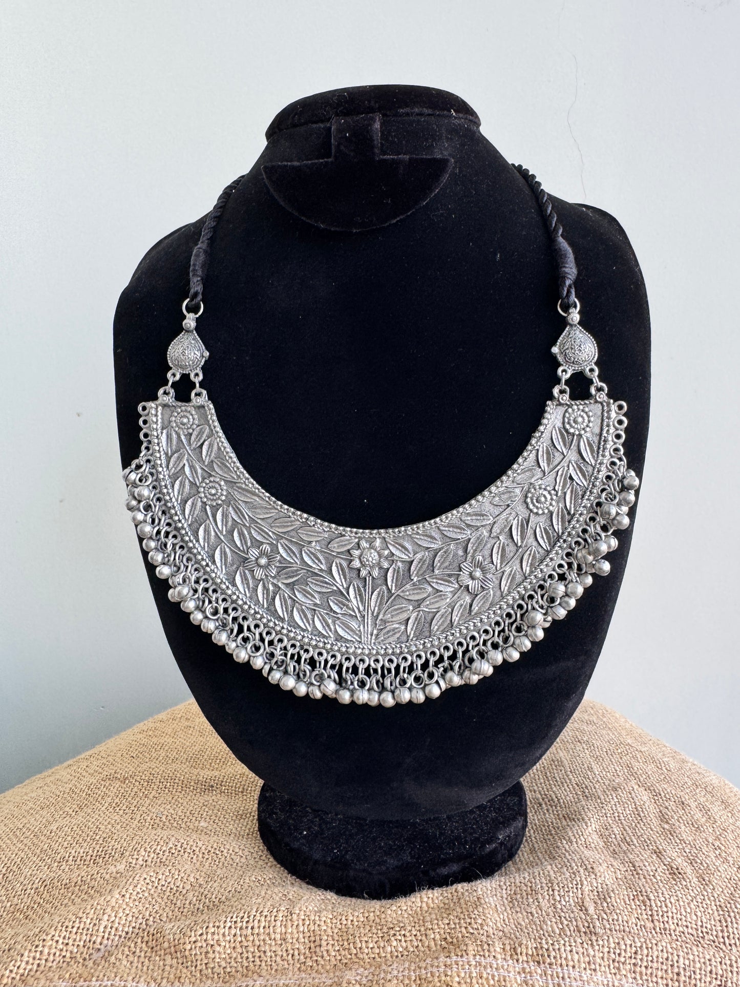 Big Crescent oxidised silver necklace with gungroo beads