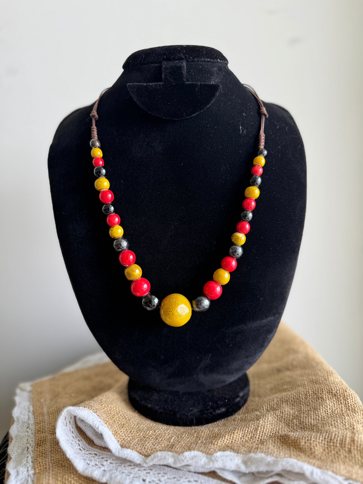 Ceramic bead necklace with adjustable macrame cord - Red Yellow color