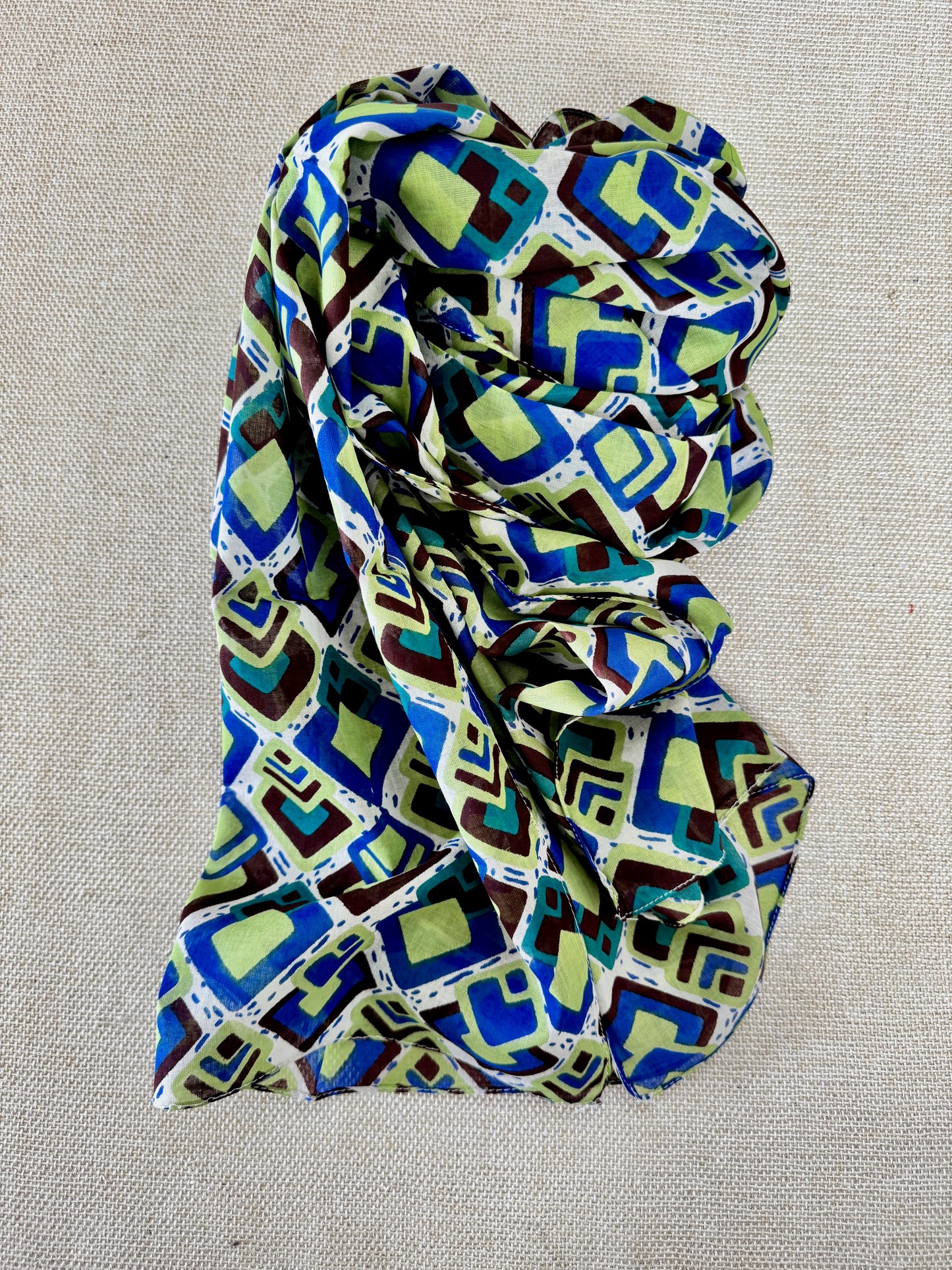 Lightweight Printed Poly-Cotton Scarf for Women - Blue Green Geometric
