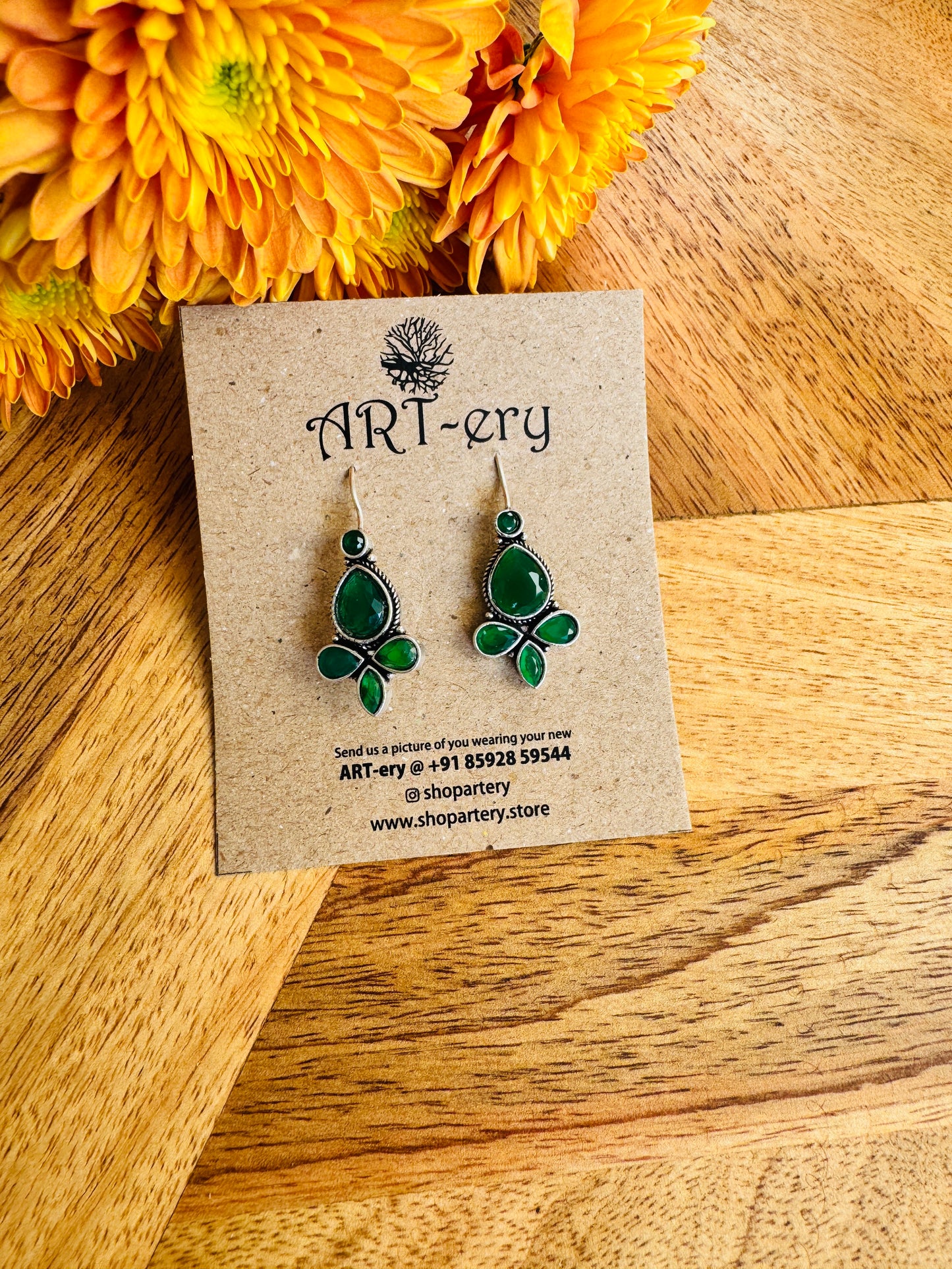 Floral Cluster Dangle Earrings - Green