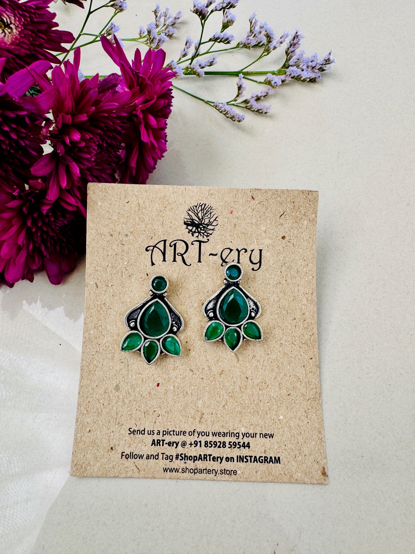 Oxidised silver earrings - Dark green