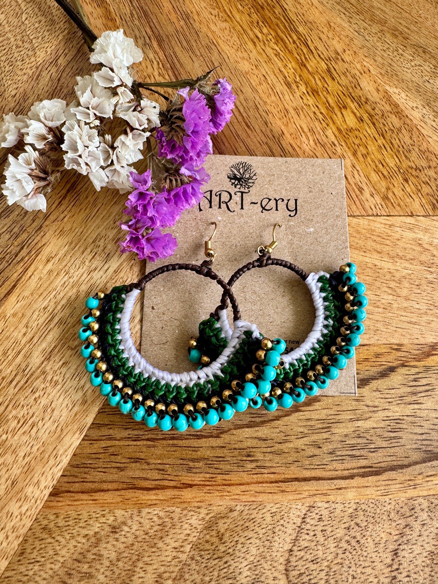 Turquoise blue beaded crochet earring
