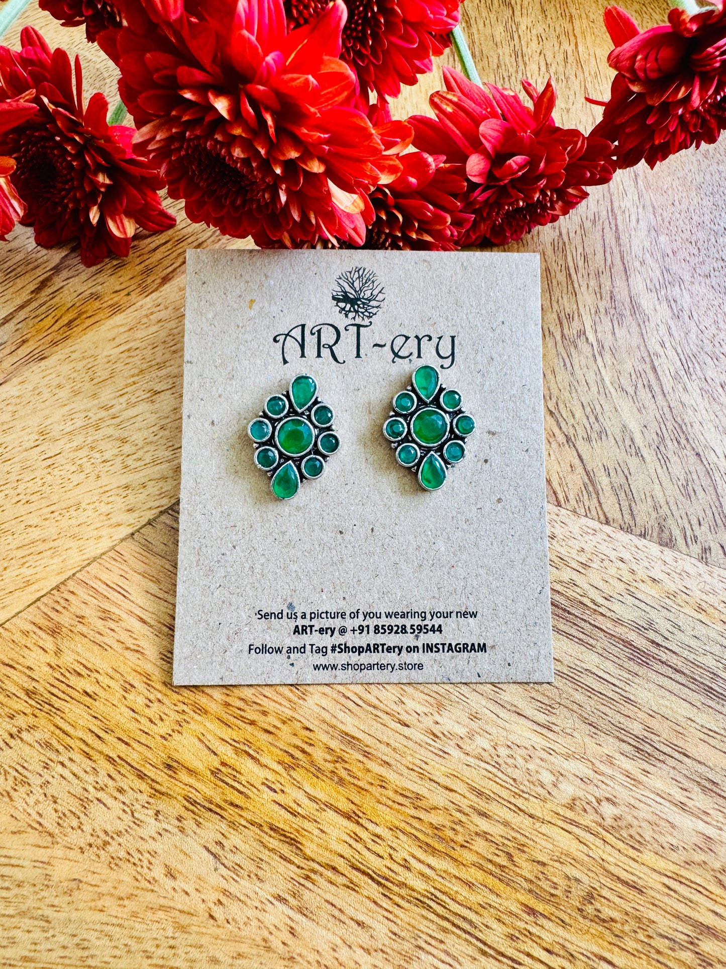 Diamond shaped oxidised silver stone earring -green