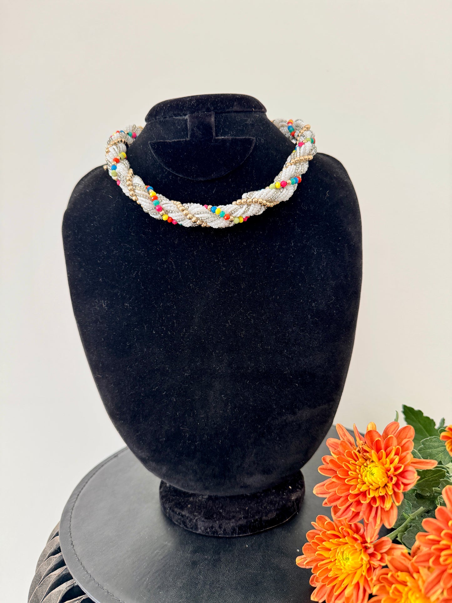 Twisted white beaded necklace