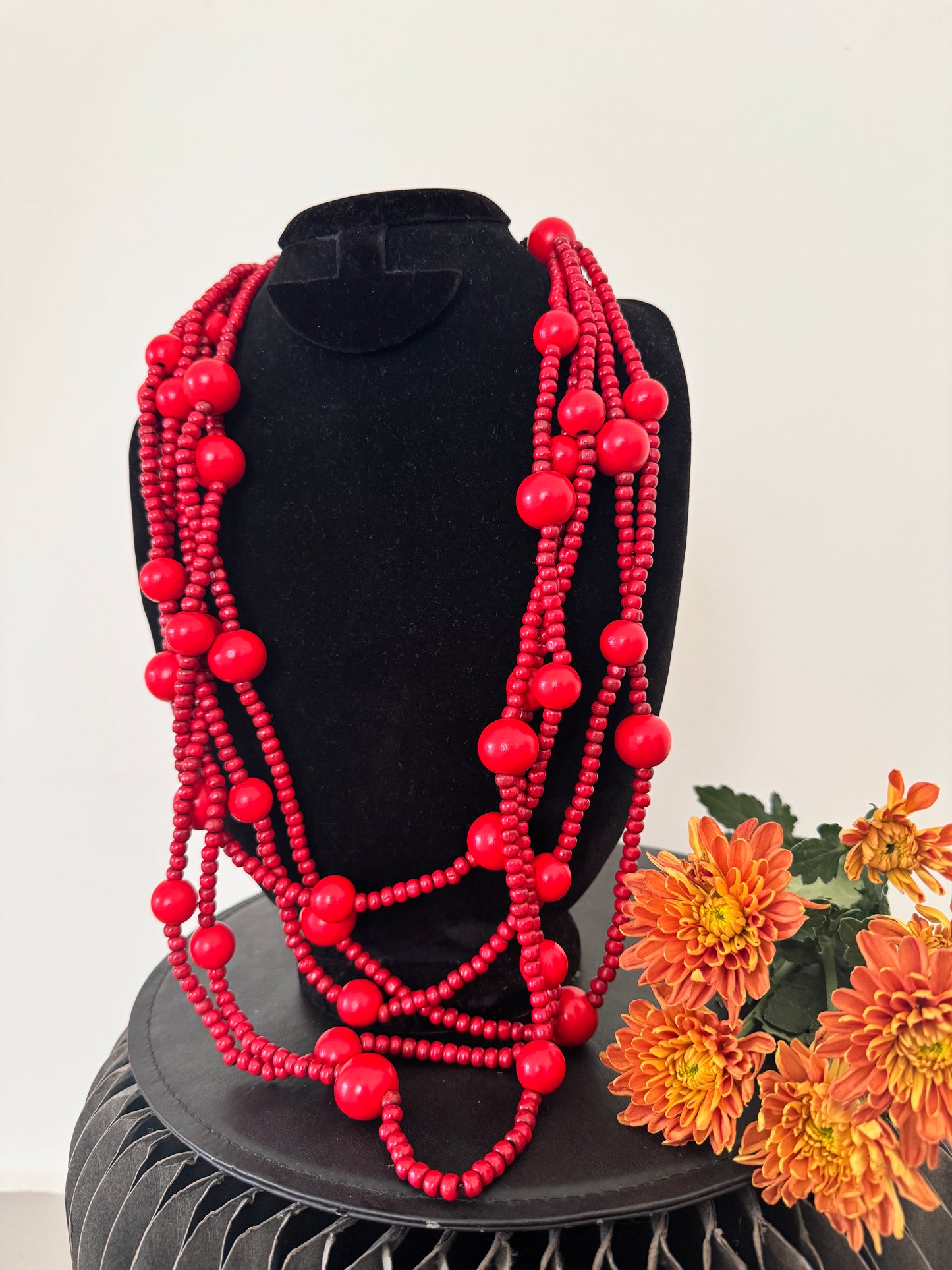 Bright Cherry red wooden necklace