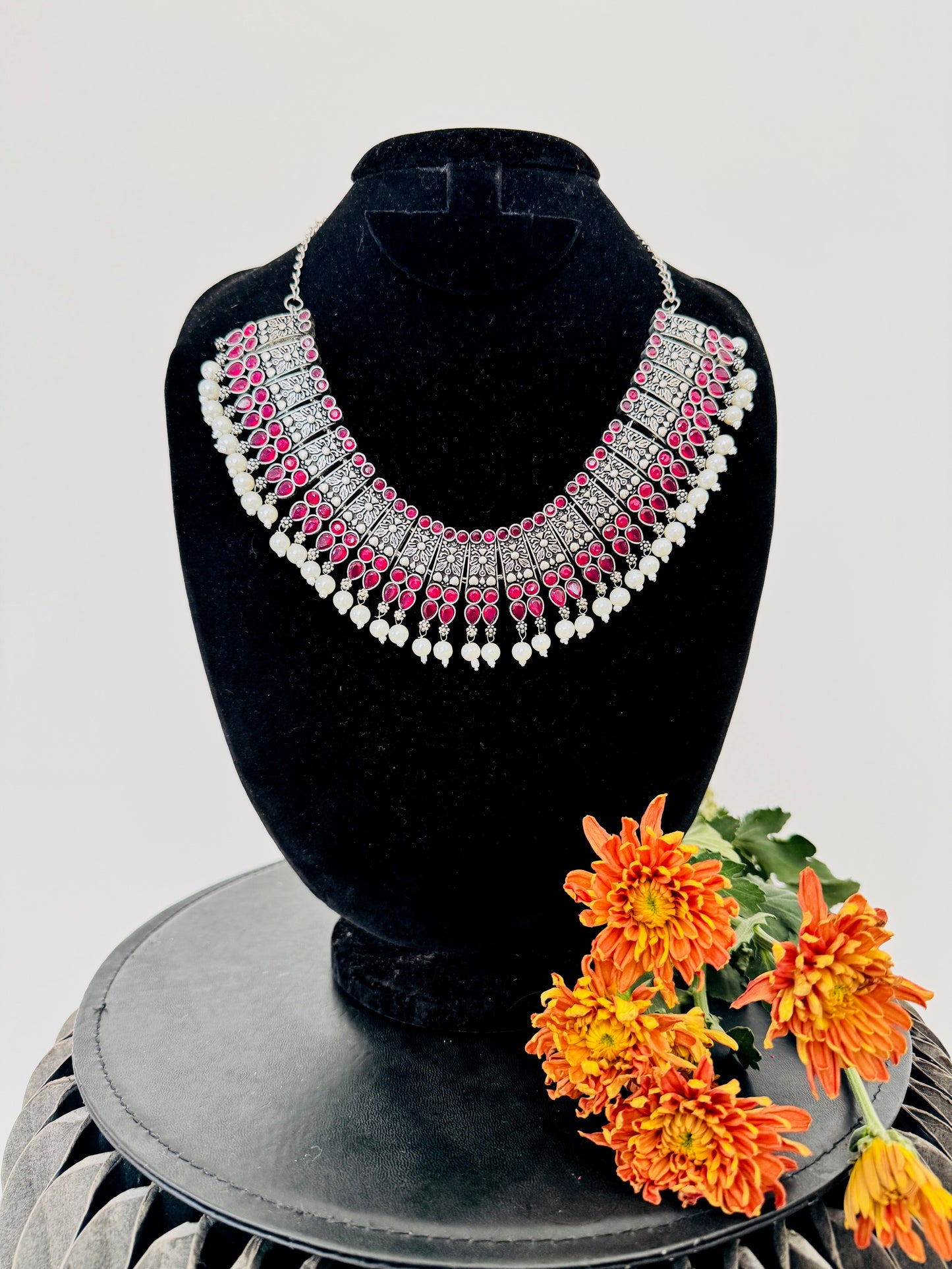 Oxidised silver big necklaces with pearl hangings - Ruby