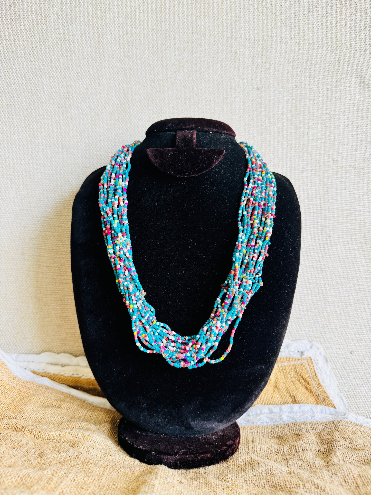 Sugar bead cluster multi layer necklace - blue and white