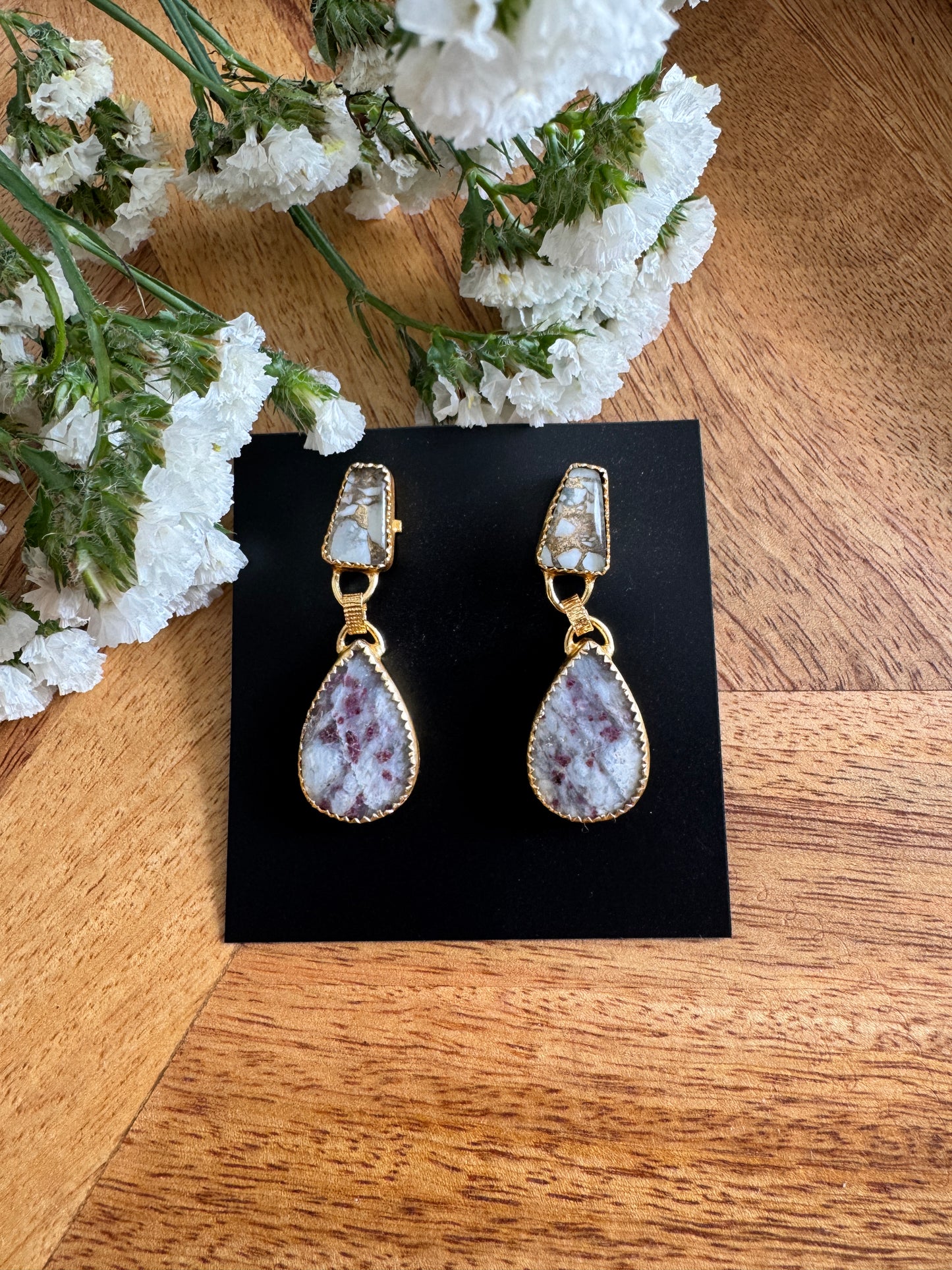 Handmade Brass Dangler Earrings with Natural Stone