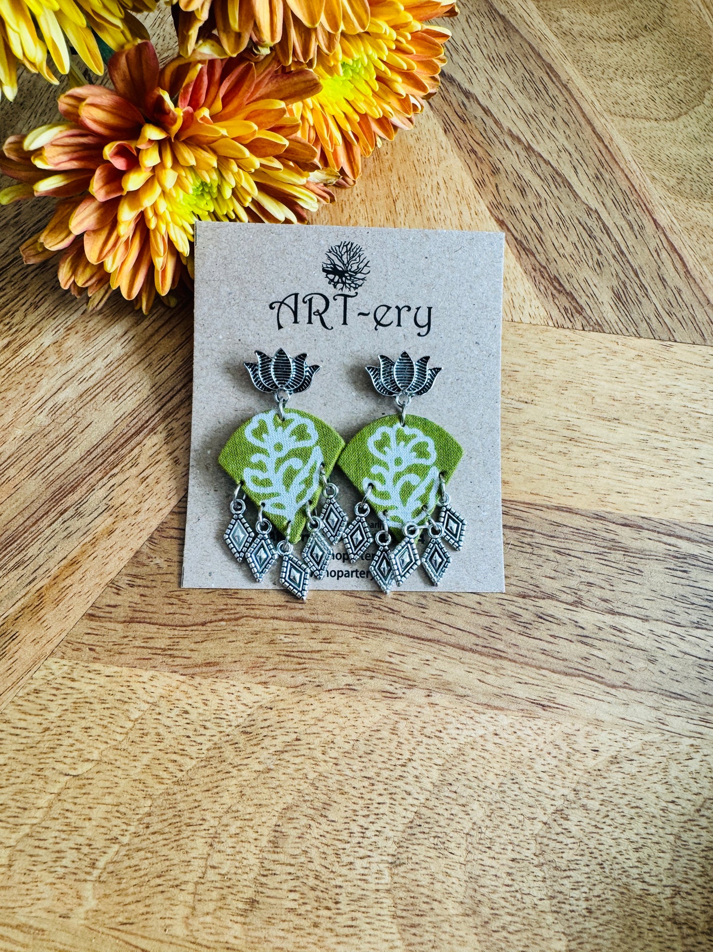Green lotus fabric earrings