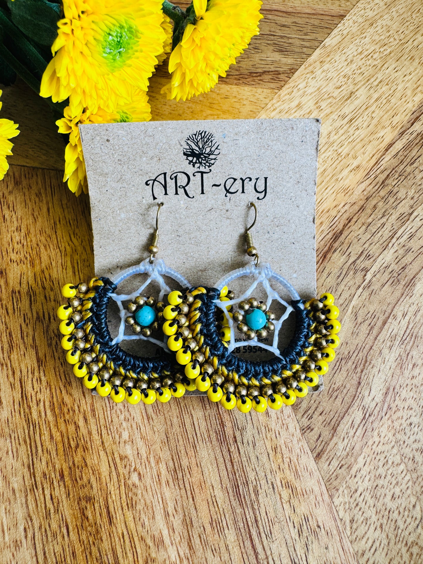 Crochet Thread & Bead Earrings - yellow and blue