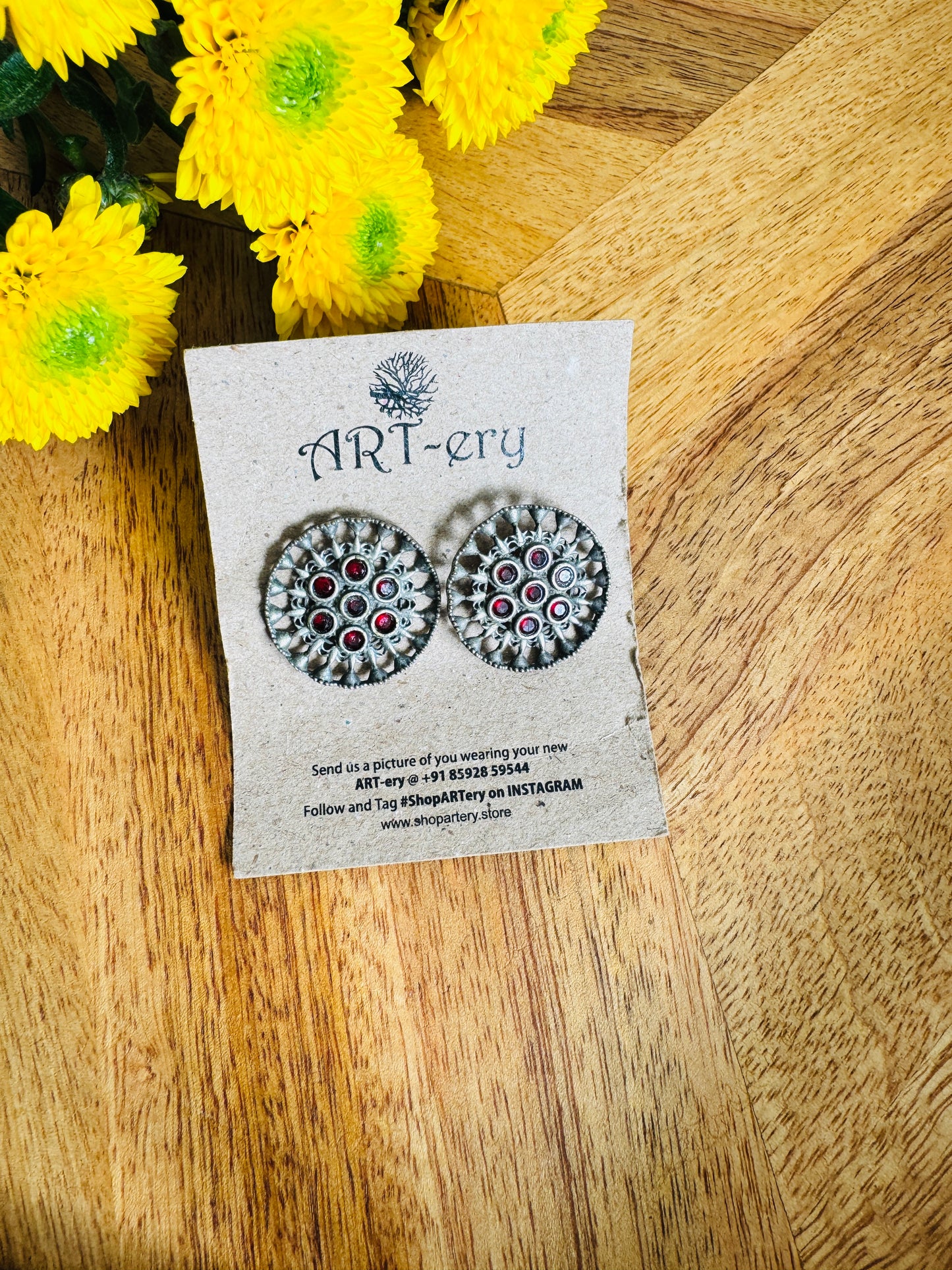 oxidised silver stud earrings with red stones