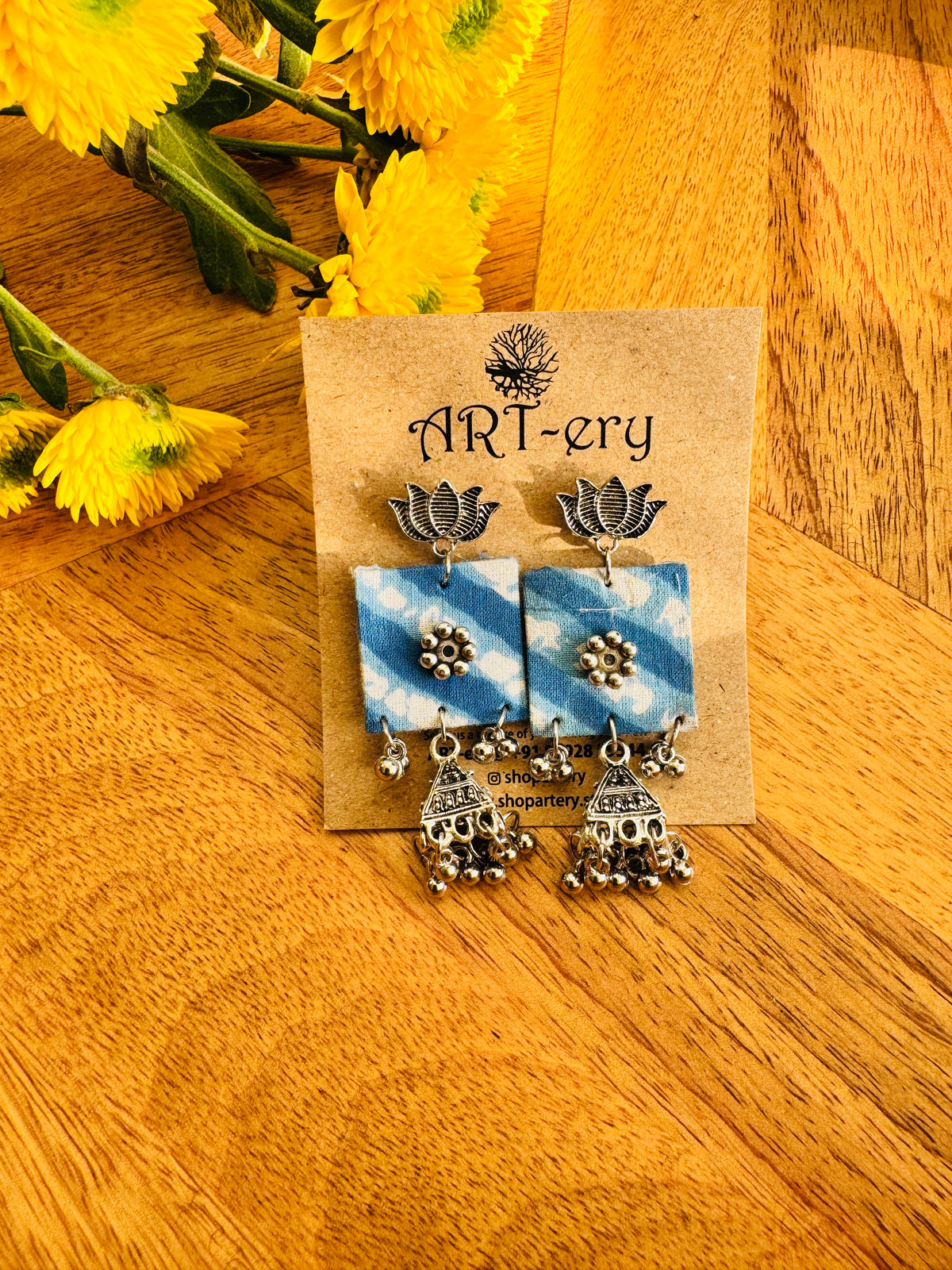 Handmade Fabric & Oxidised Silver Earrings - Light blue earrings