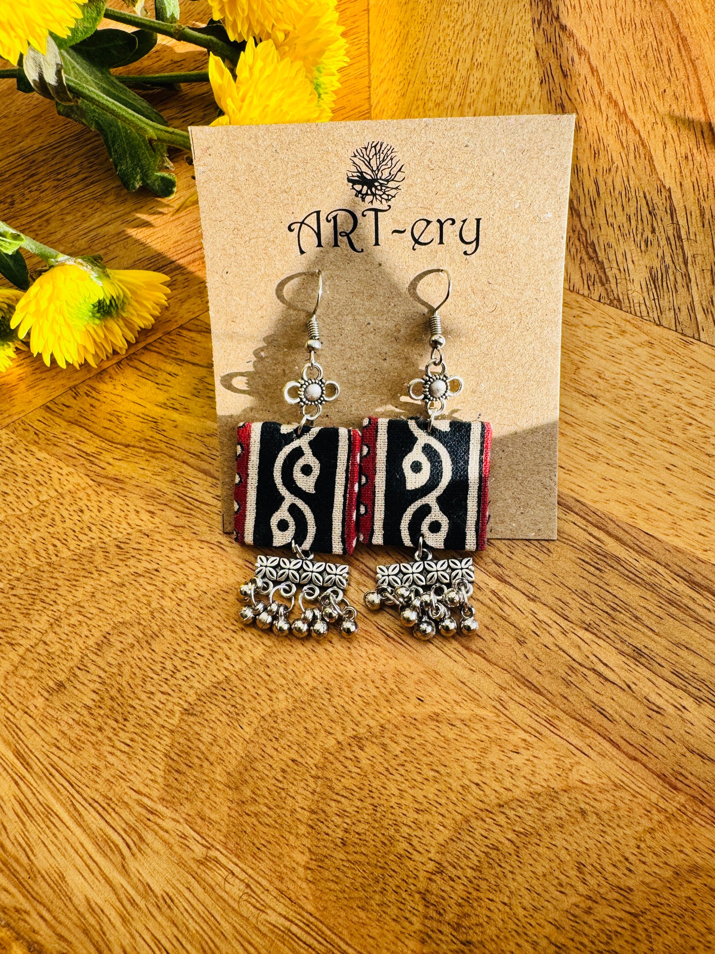 Handmade Fabric & Oxidised Silver Earrings - abstract earrings