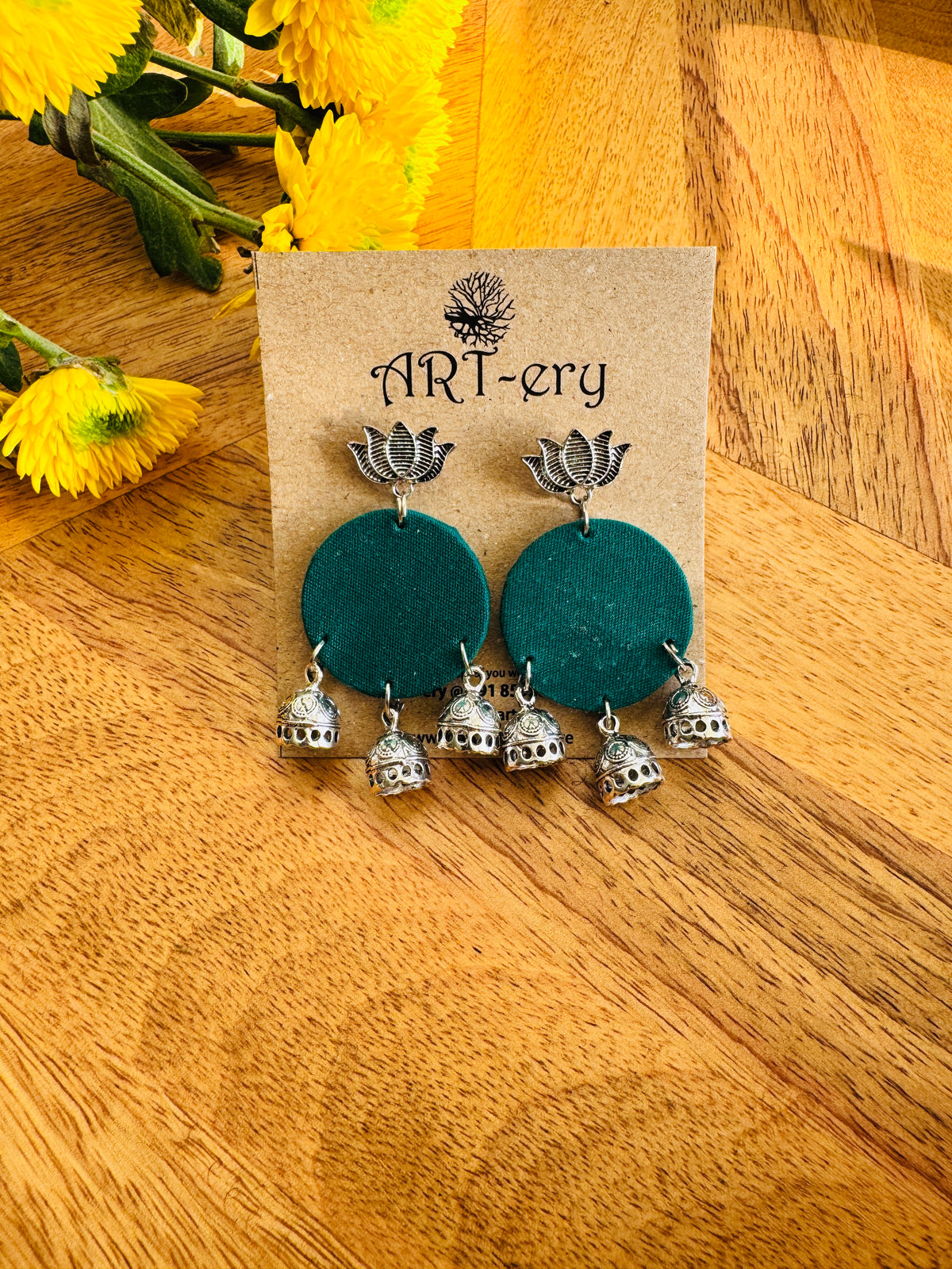 Handmade Fabric & Oxidised Silver Earrings - Lotus plain green