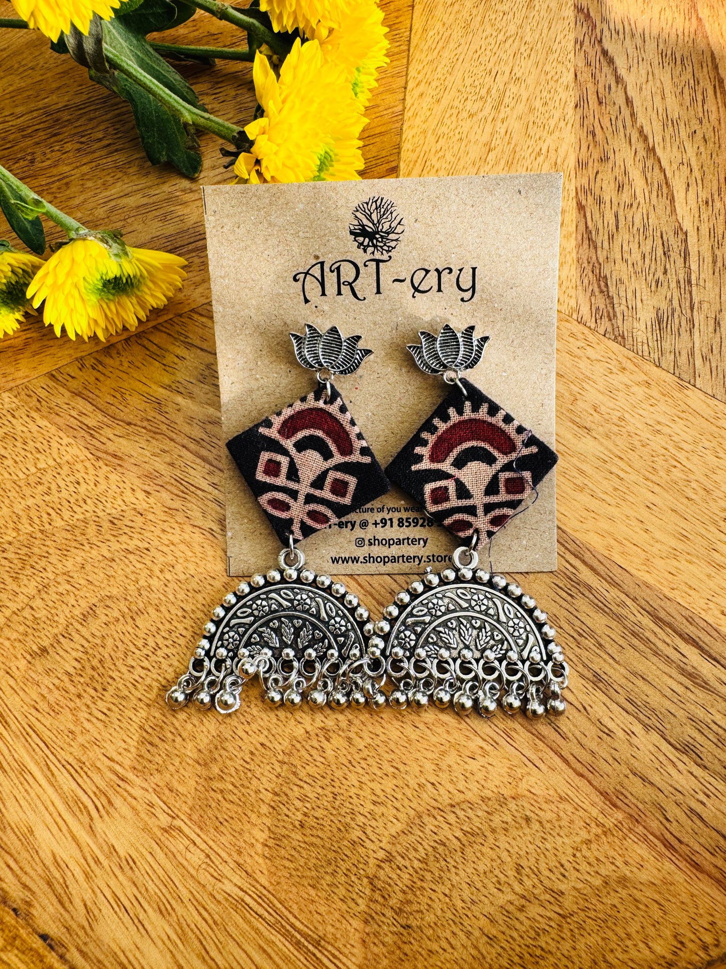 Handmade Fabric & Oxidised Silver Earrings - Brown diamond shaped earrings