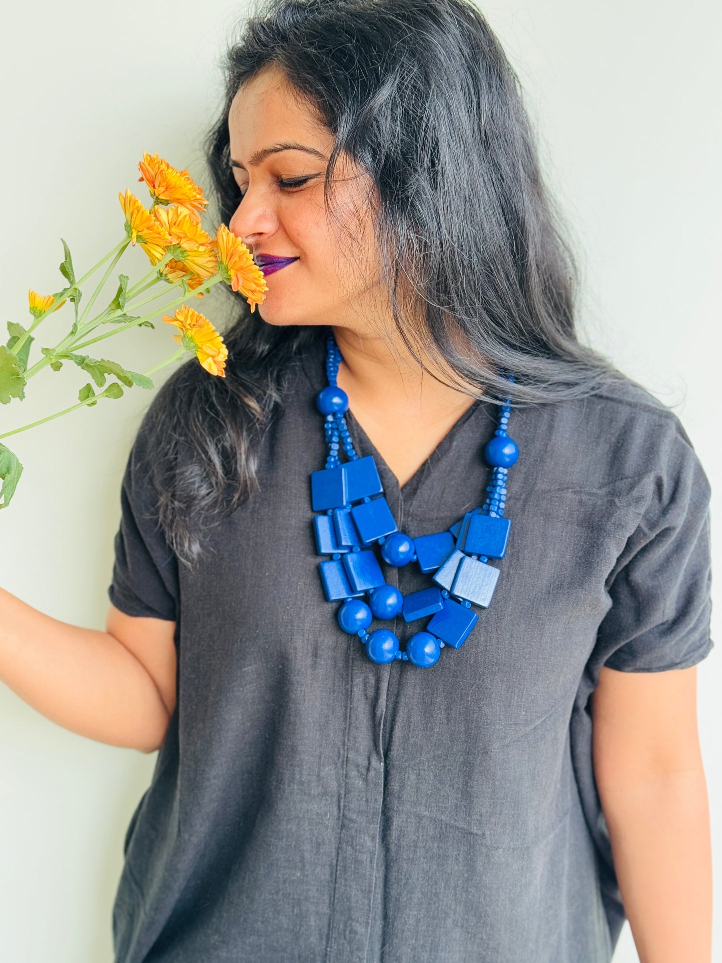 Blue wooden necklace