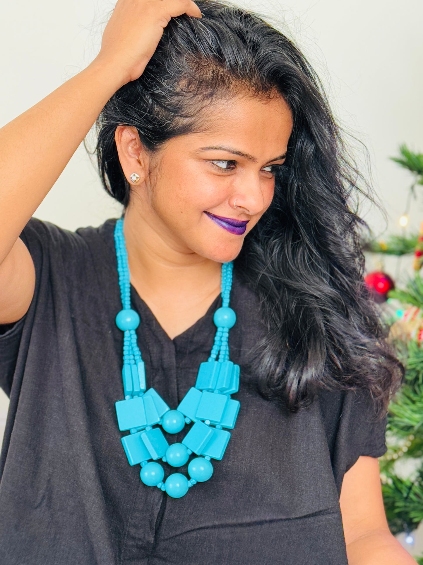 Teal Blue wooden necklace