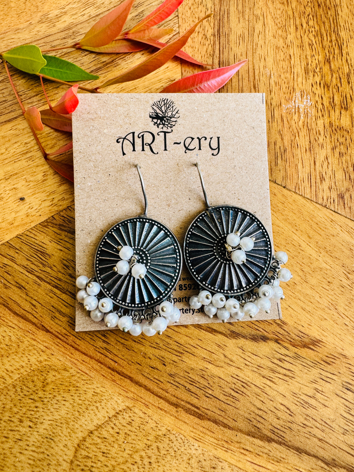Oxidised drop earrings with cluster pearl