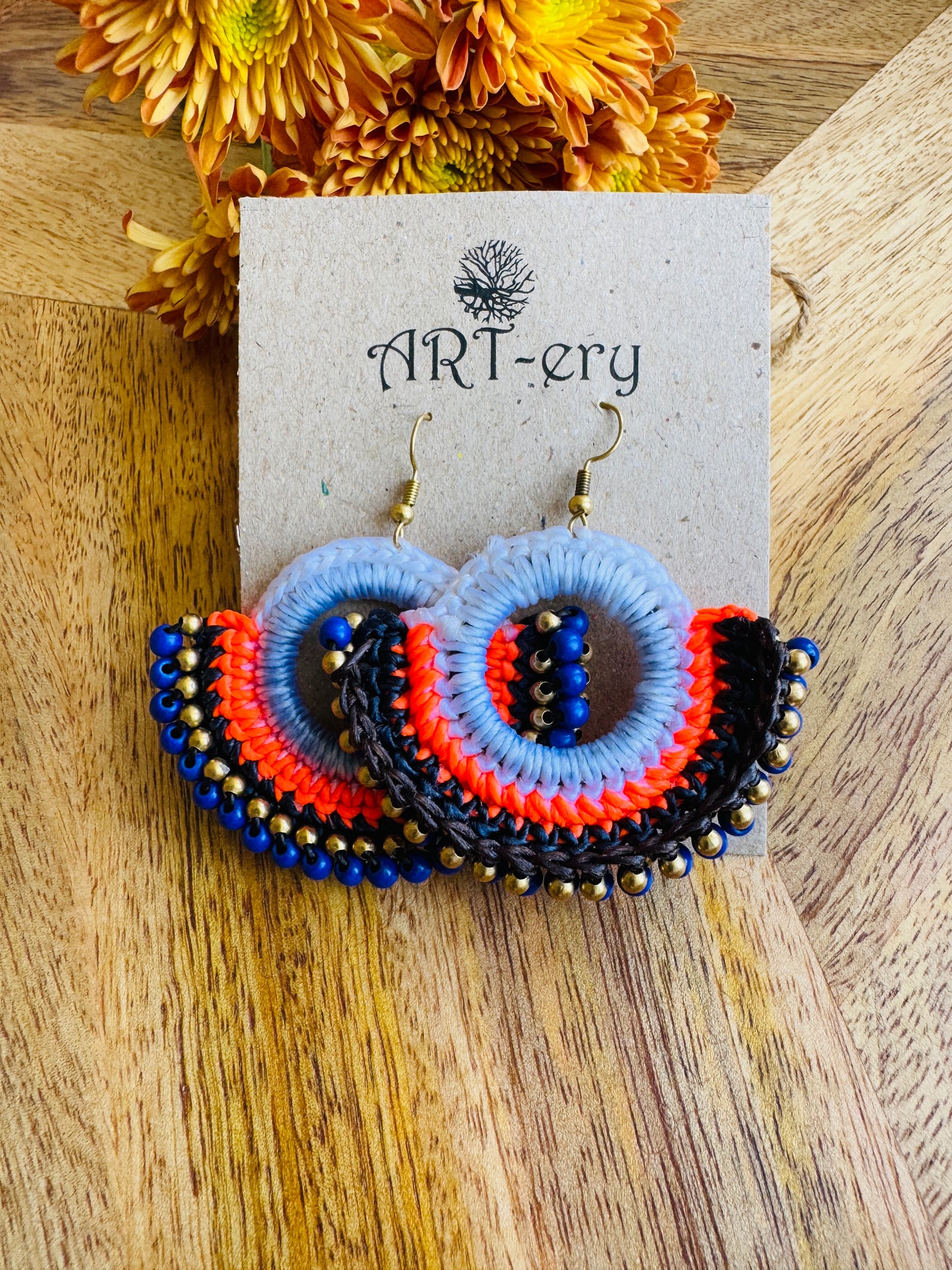 Far East collection - Blue and Orange macrame earrings