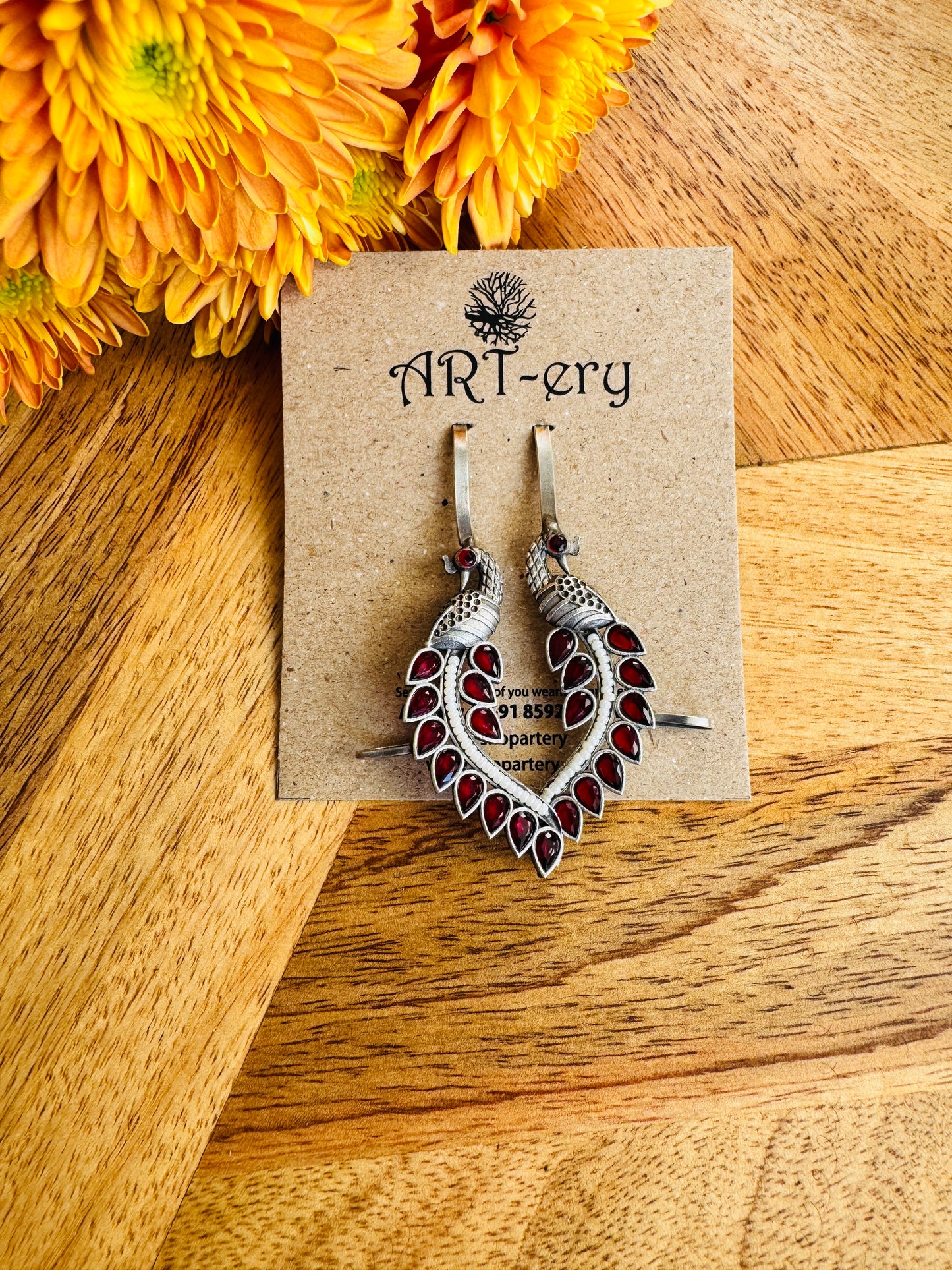 Oxidised silver bugadi ear cuff - Peacock design with stones RED