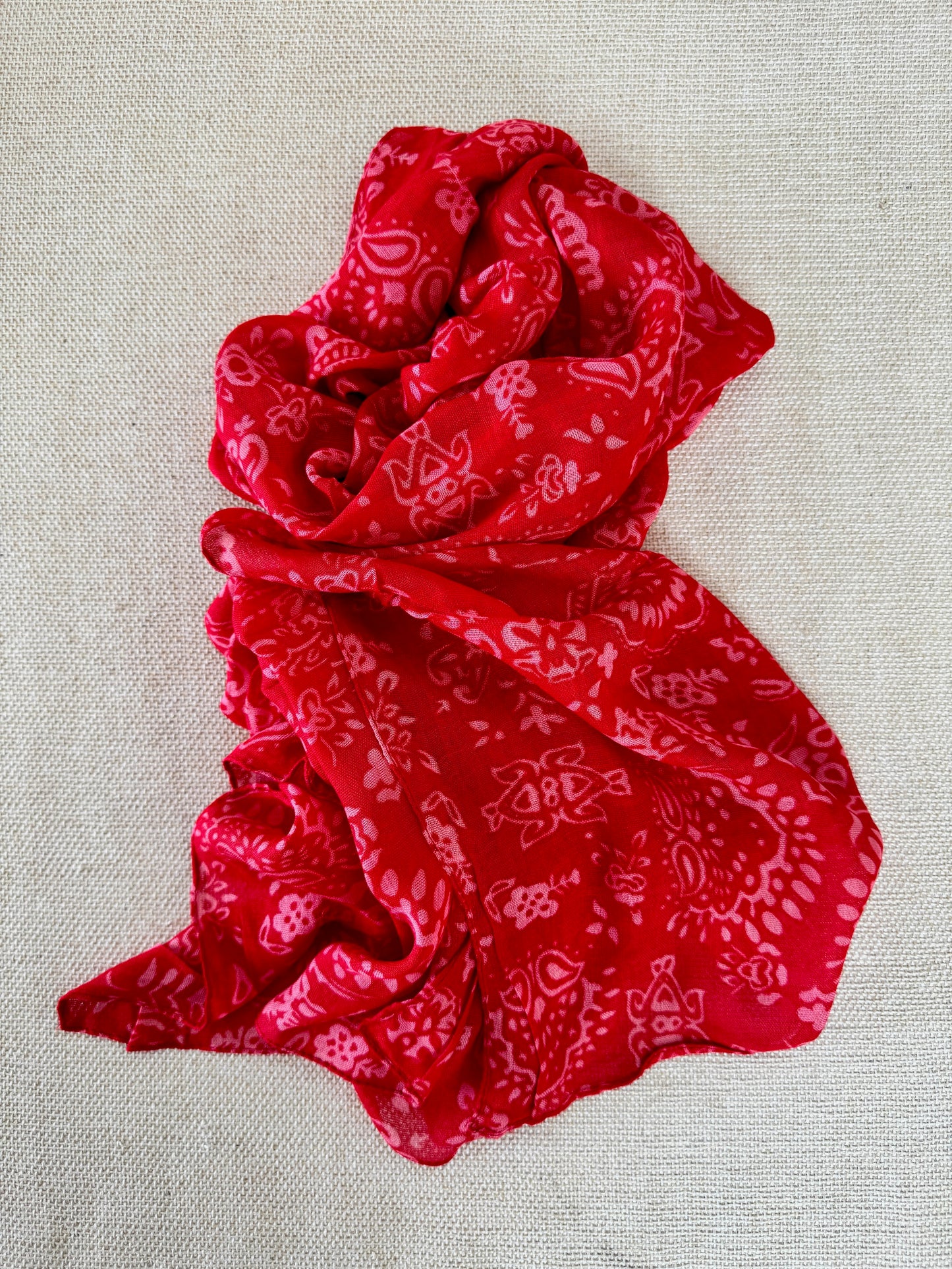 Lightweight Printed Poly-Cotton Scarf for Women - Red