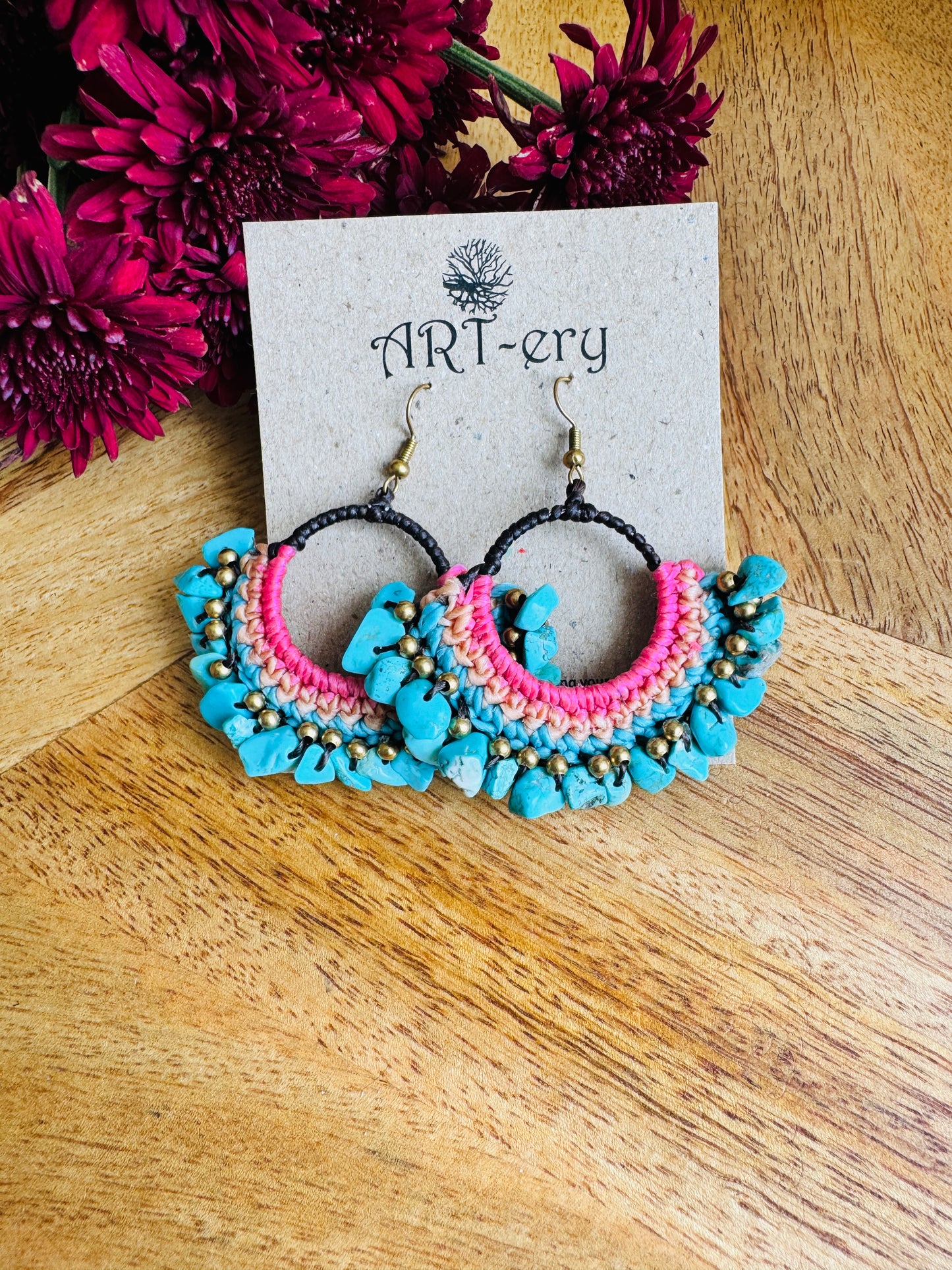 Handcrafted Crochet earrings - Turquoise blue and Pink