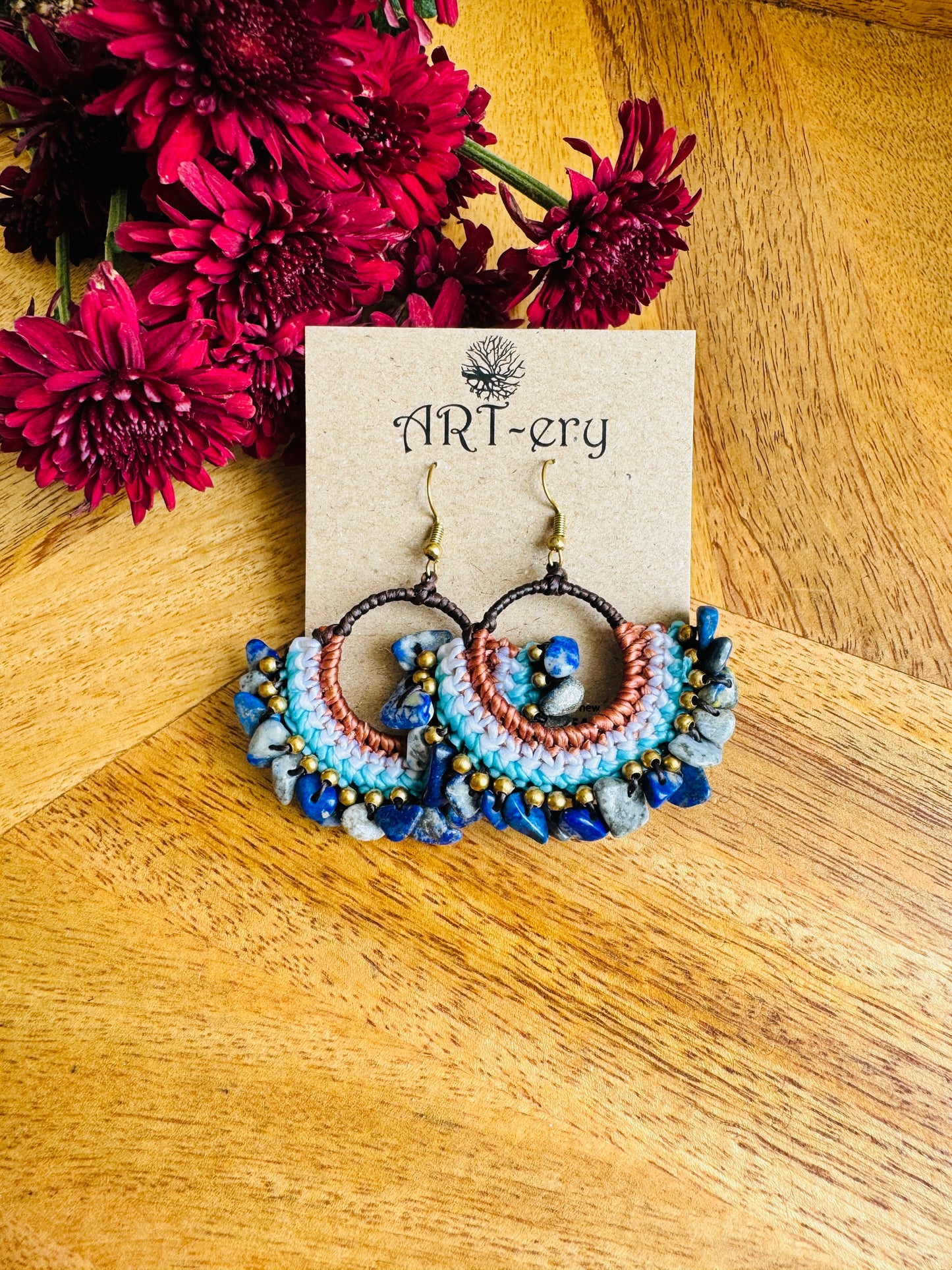 Handcrafted Crochet earrings - Blue and Brown
