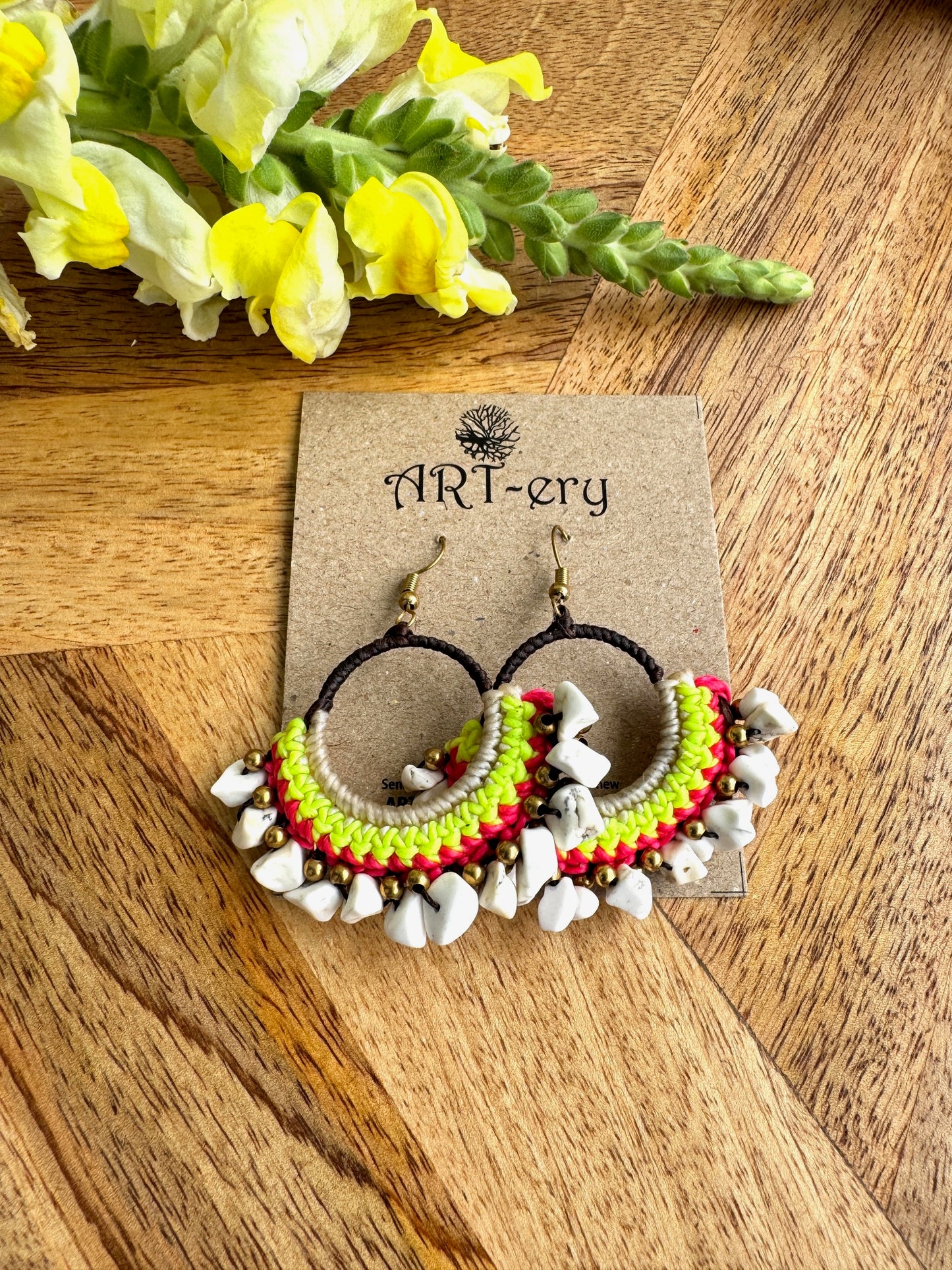 Colorful Beaded Thread Dangler Earrings – Handmade by Far East Artisans | ART-ery Jewellery - White stones