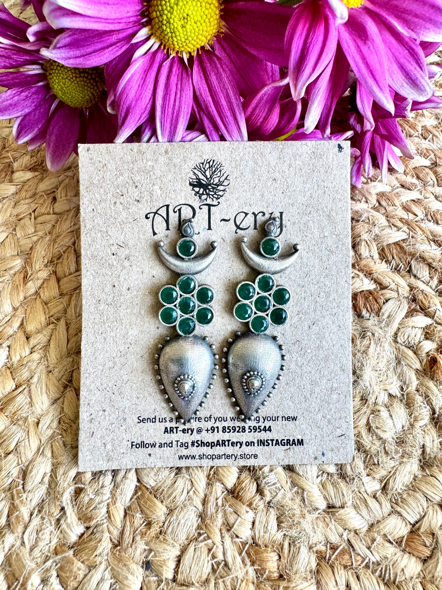 Crescent Earrings with green stones