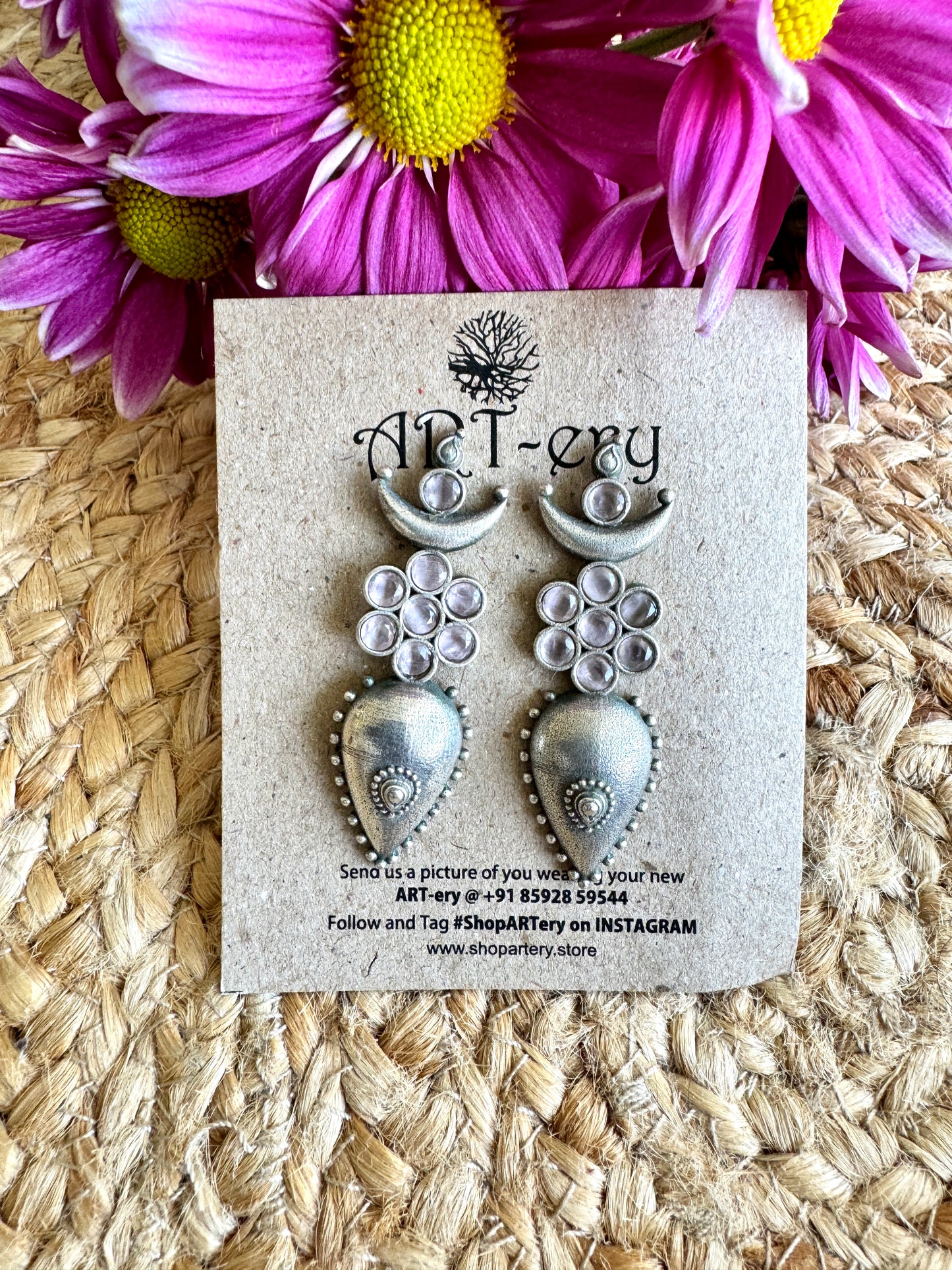 Crescent Earrings with pink stones