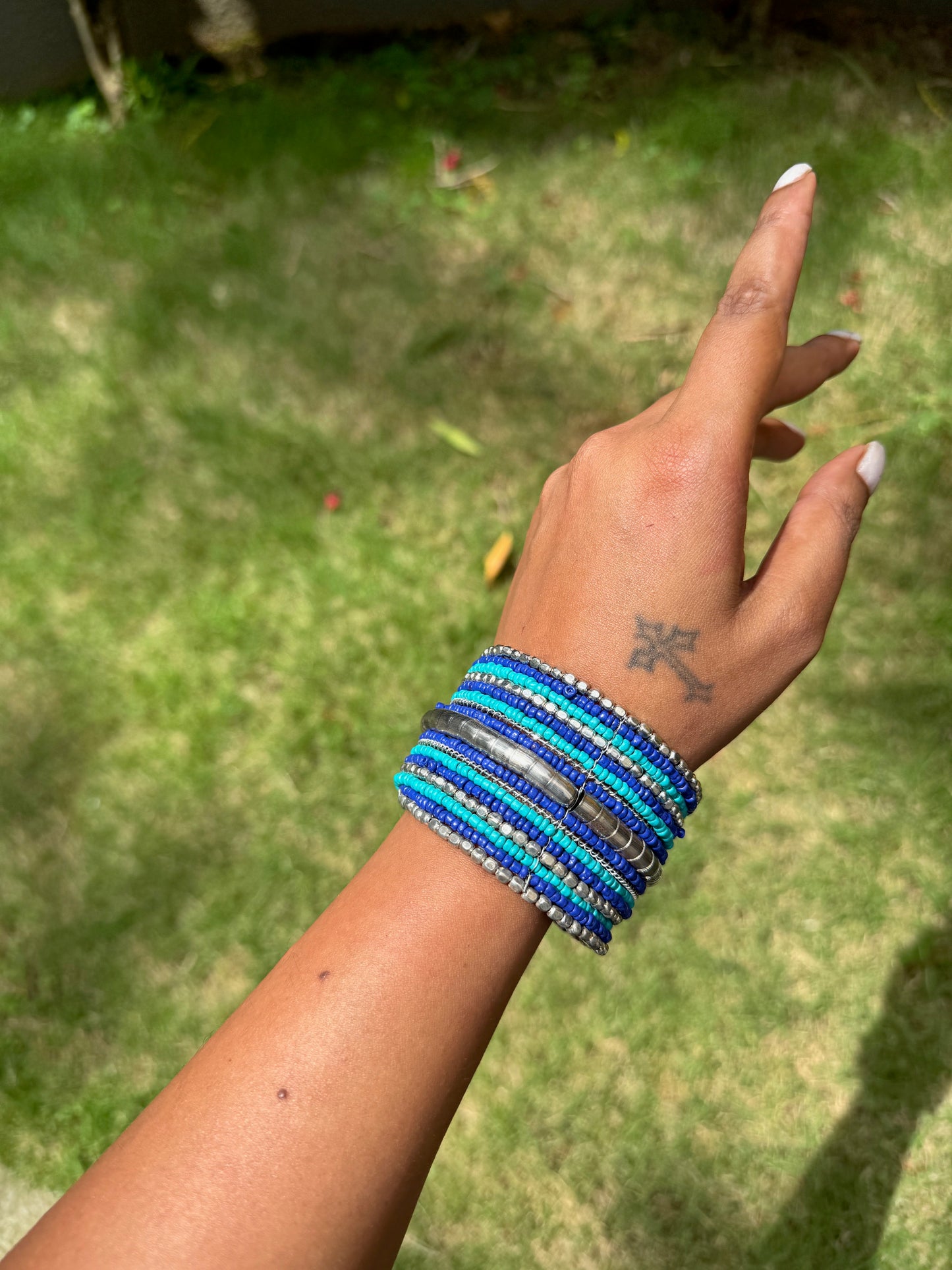 Broad beaded arm cuff copper sulphate silver