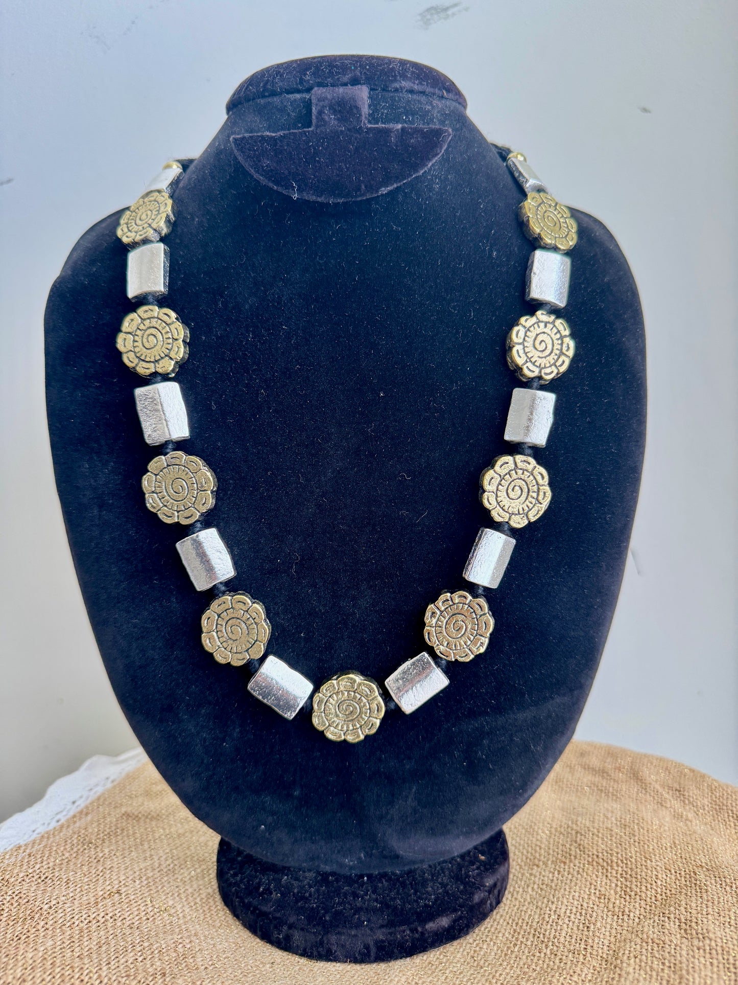 Oxidised Silver - Gold Beads Necklace - Abstract