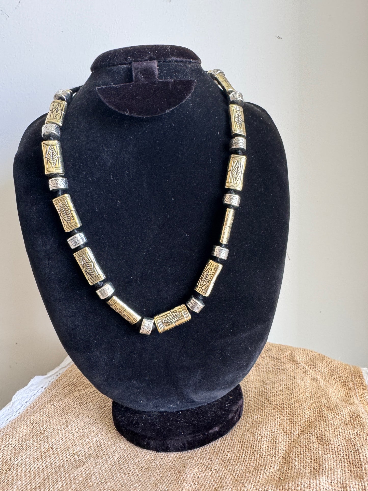 Oxidised Silver Beads Necklace - Rectangle two tone