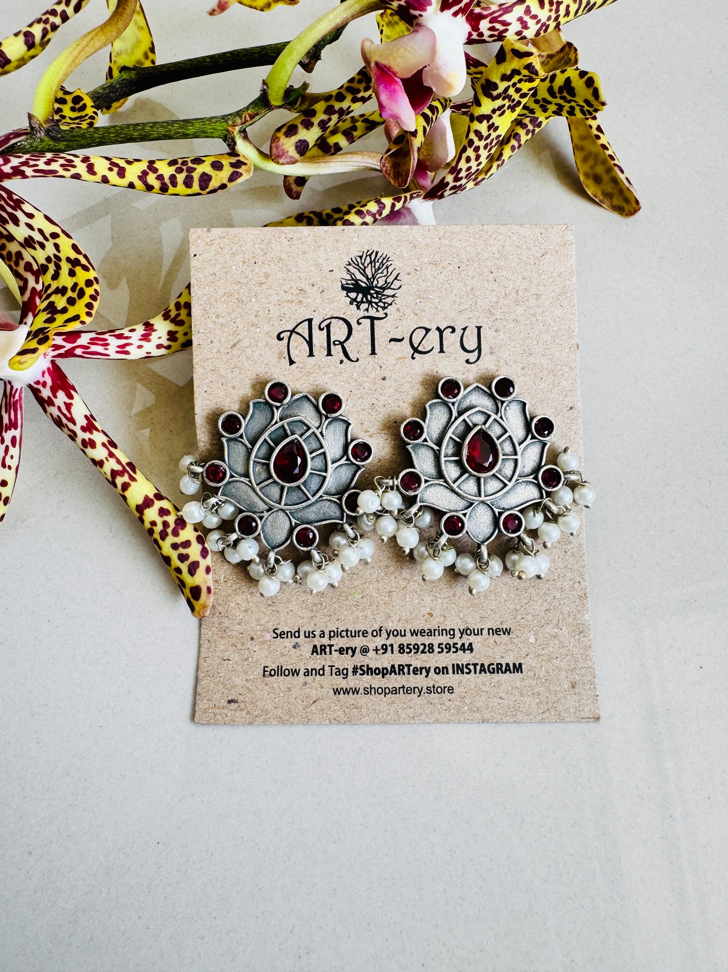 Oxidised silver earrings - red stones and beads