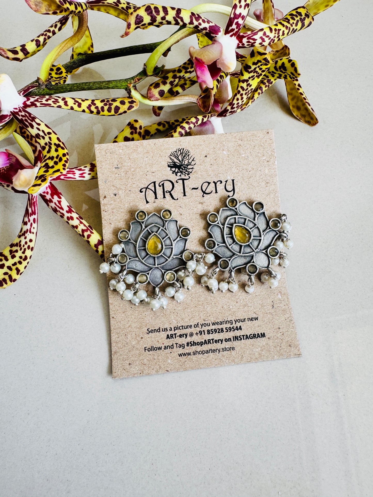 Oxidised silver earrings - yellow stones and beads