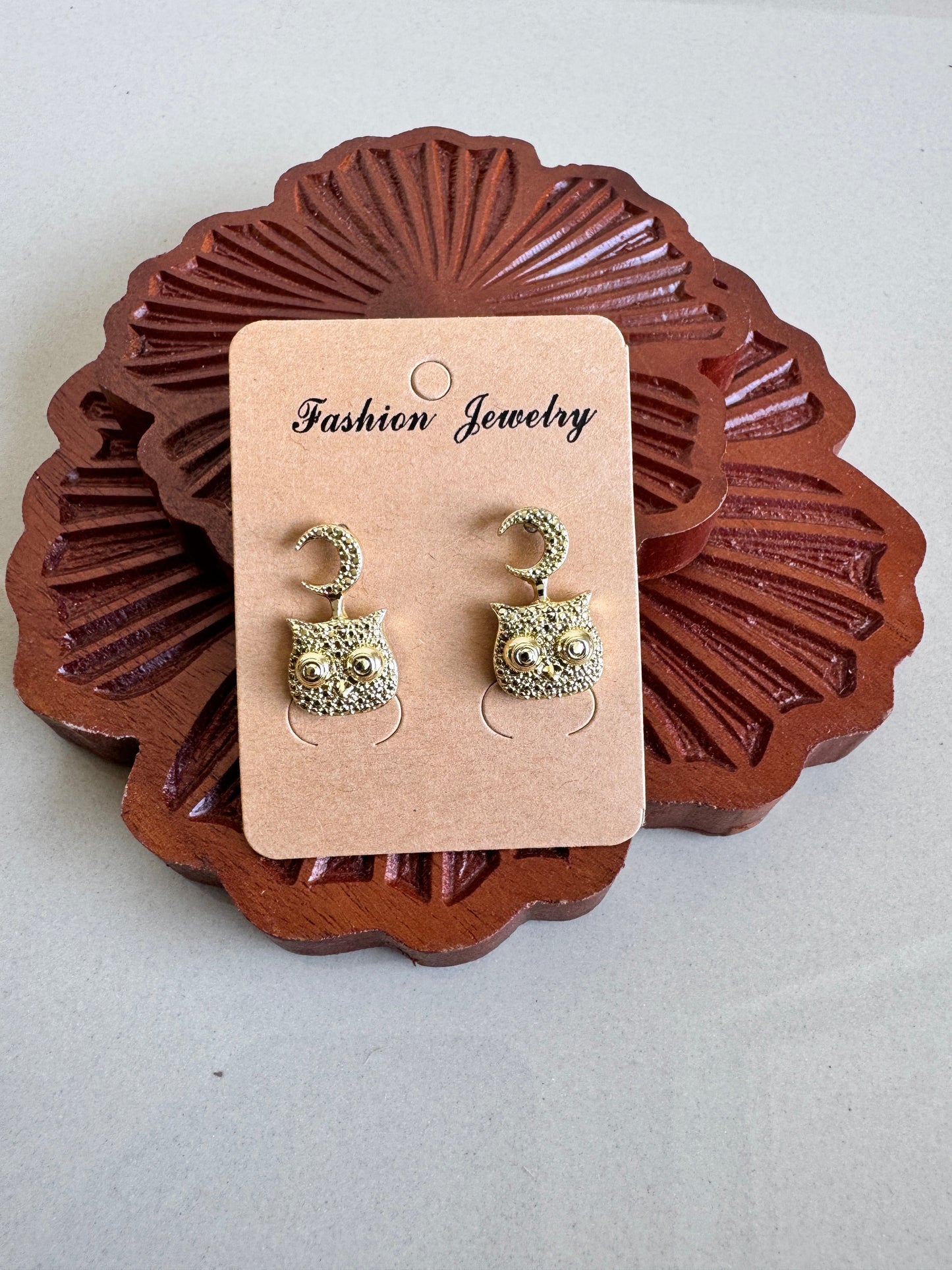 Crescent Moon Owl Drop Earrings