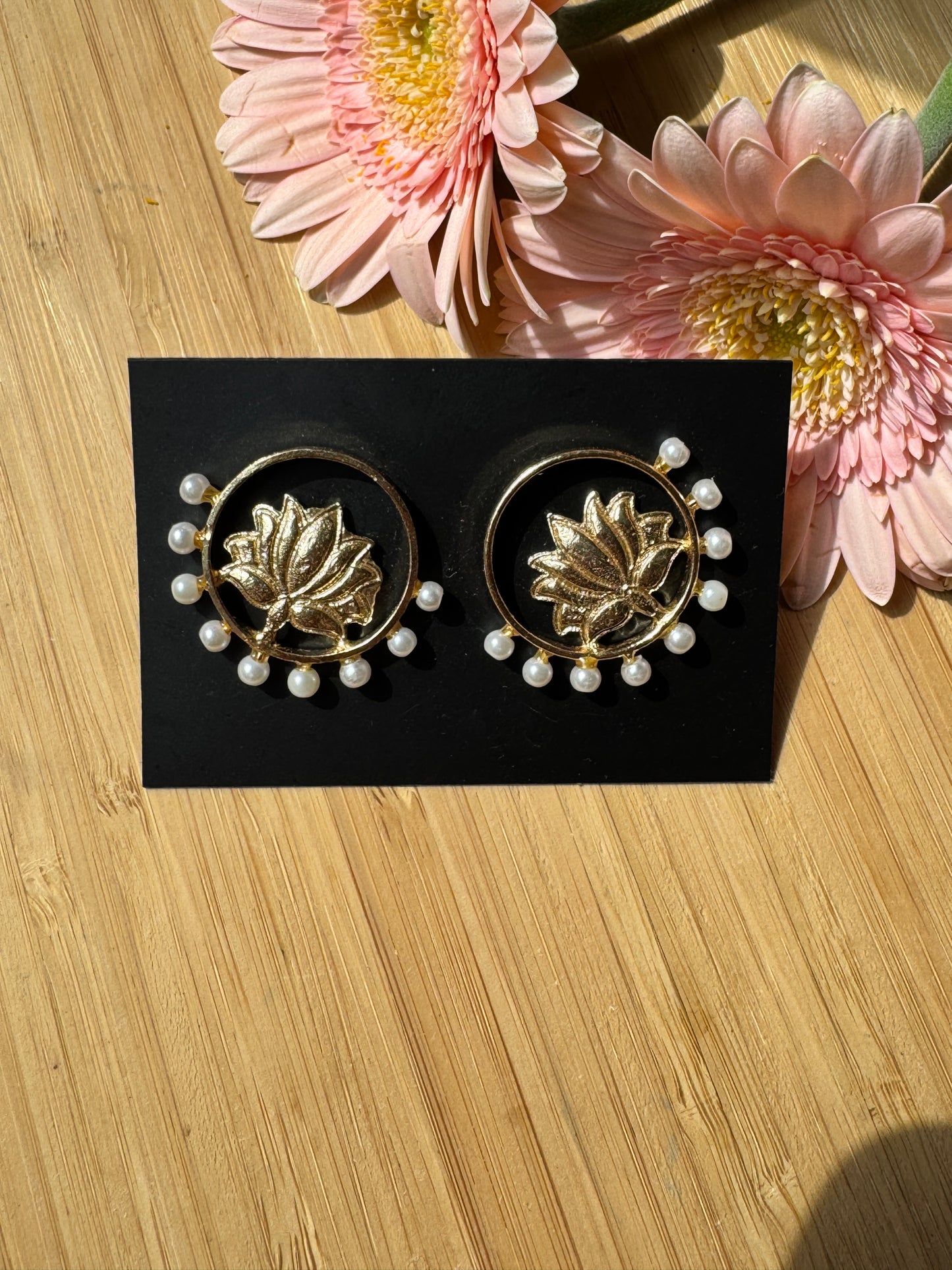 Handcrafted Bold Brass Earrings | Premium Indian Jewellery - Lotus with pearl stud