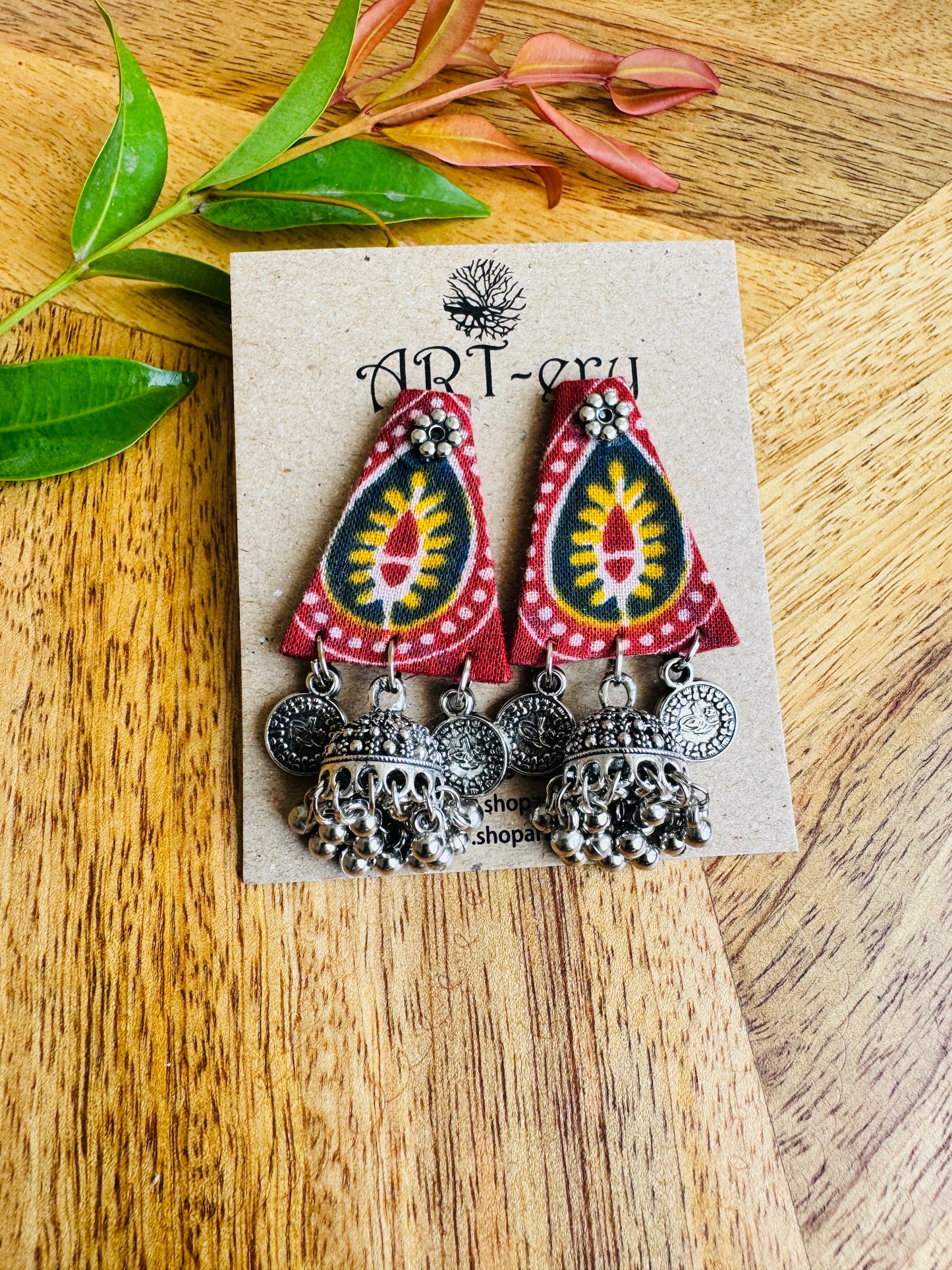 Lightweight Handmade Statement Jewellery - Paisely red and green