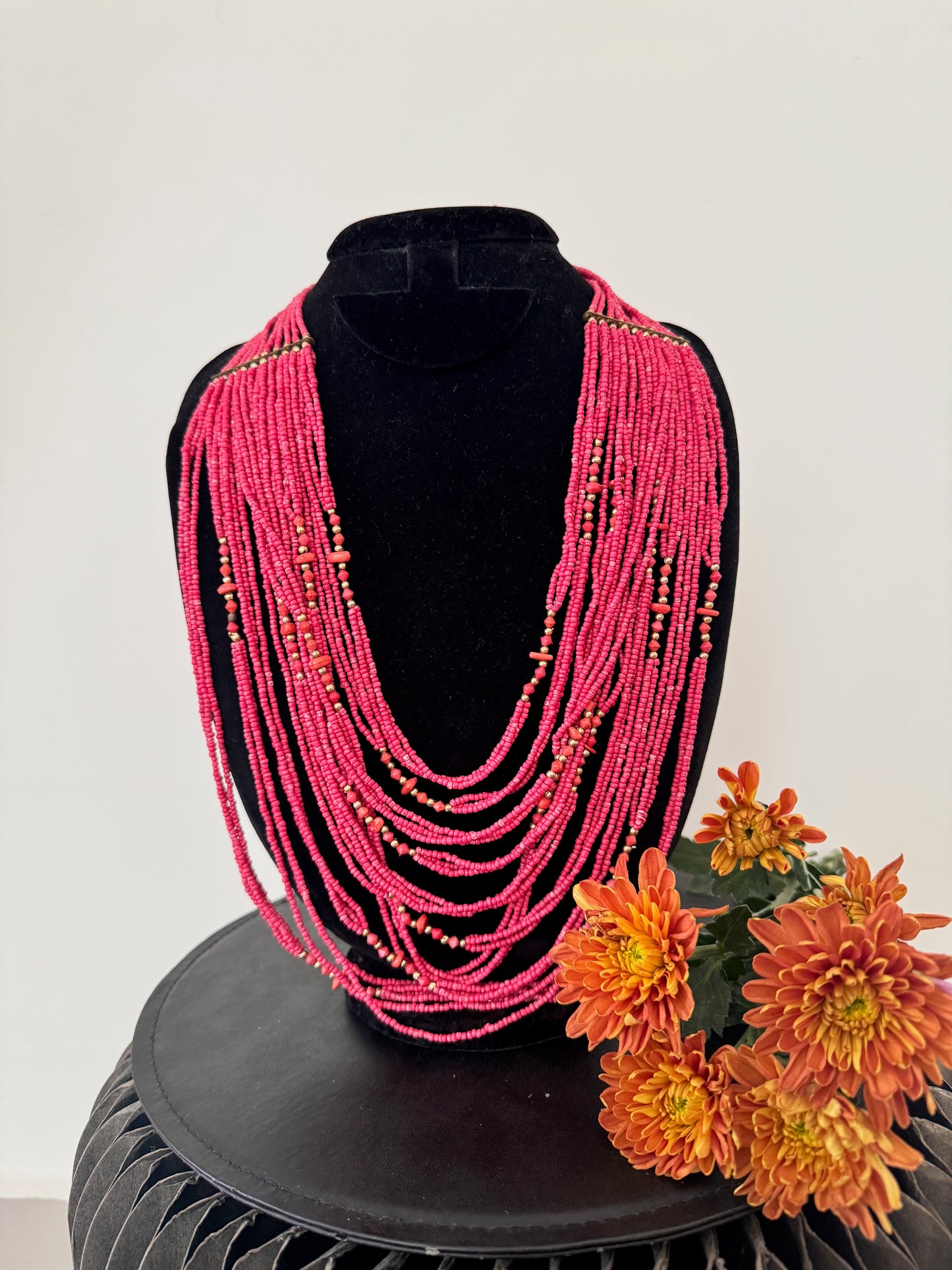 Multilayered beaded statement necklace - coral red
