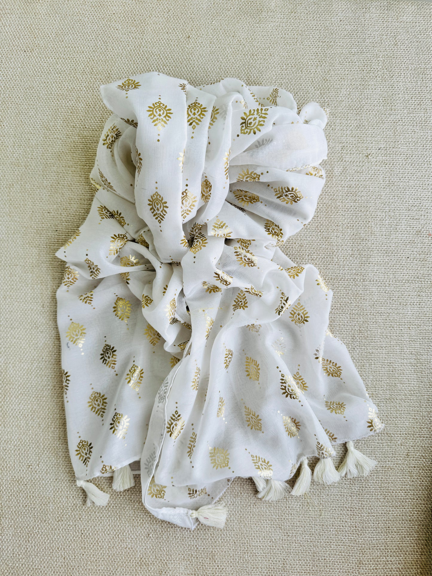 Bright poly cotton scarf - Lightweight long stole - white with gold foil stole