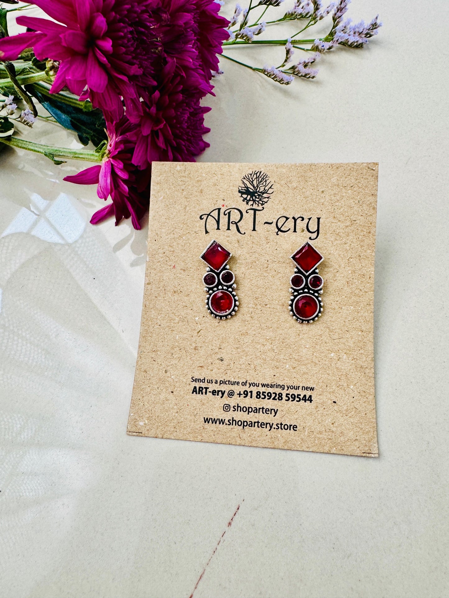 Classic oxidised silver earring - red