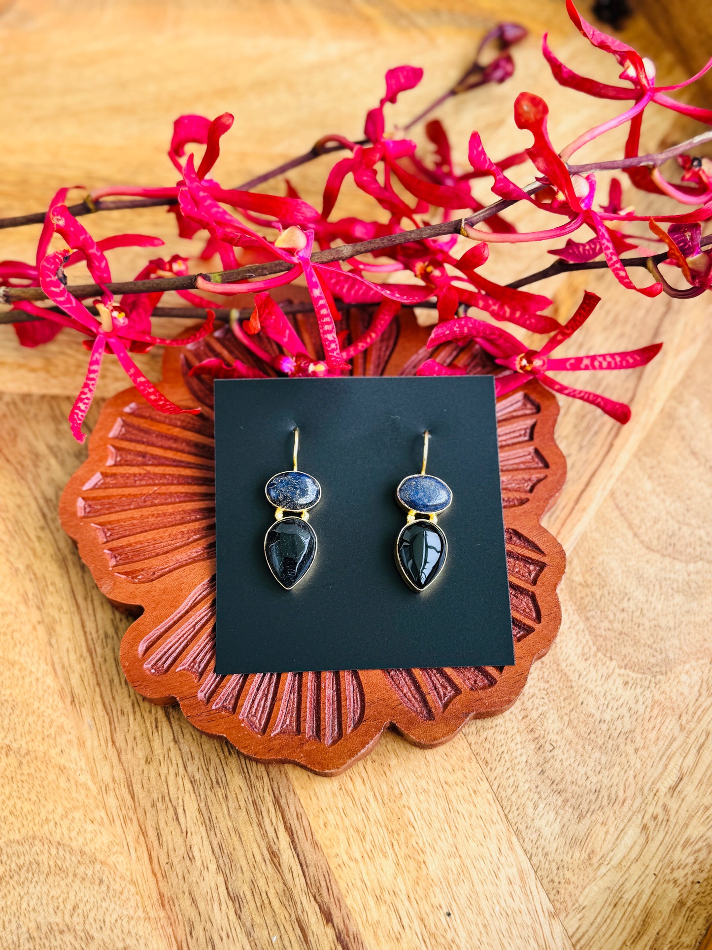 Brass earrings - small stud - naural blue stone