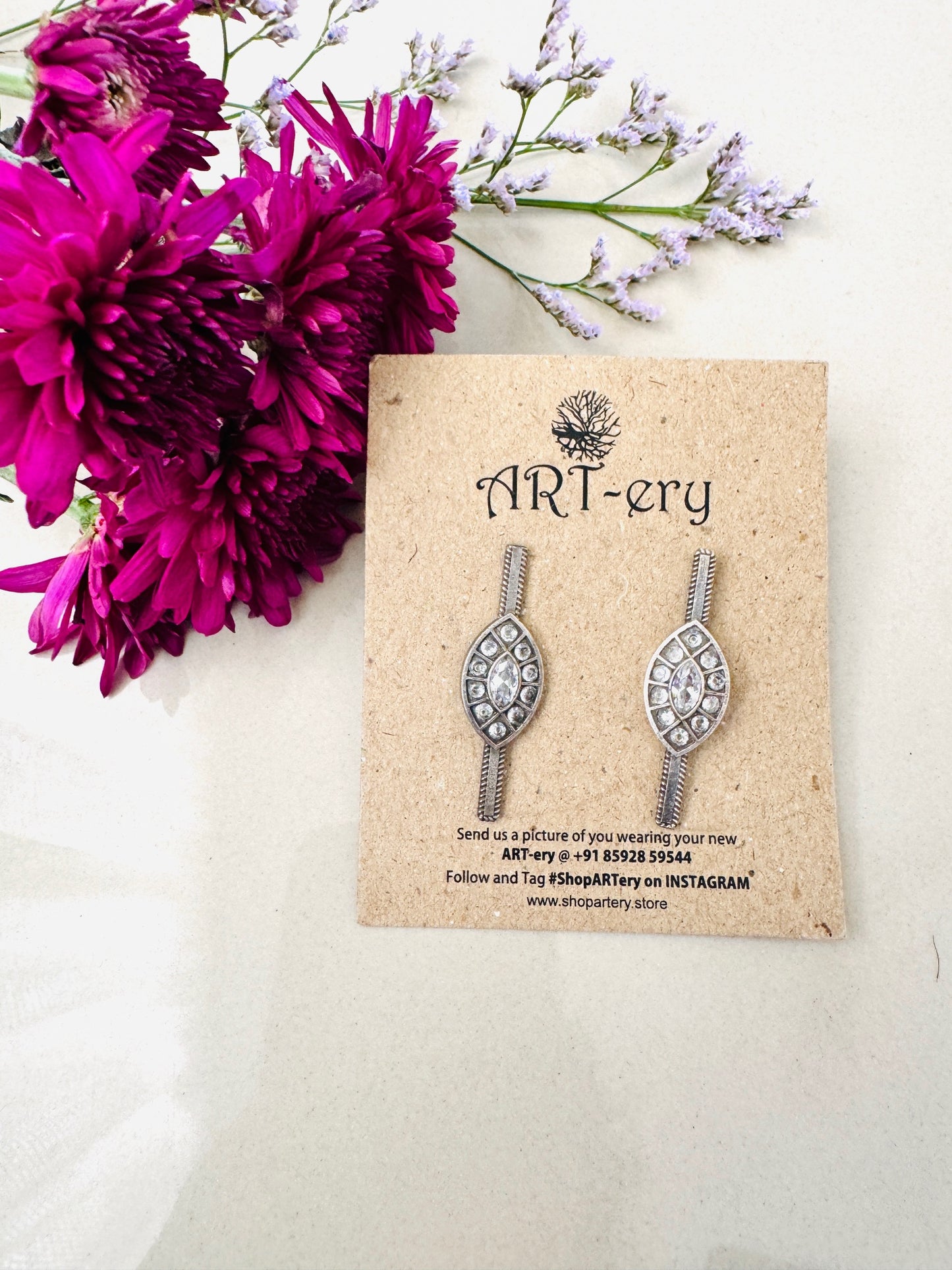 Long oxidised silver lightweight earring - White