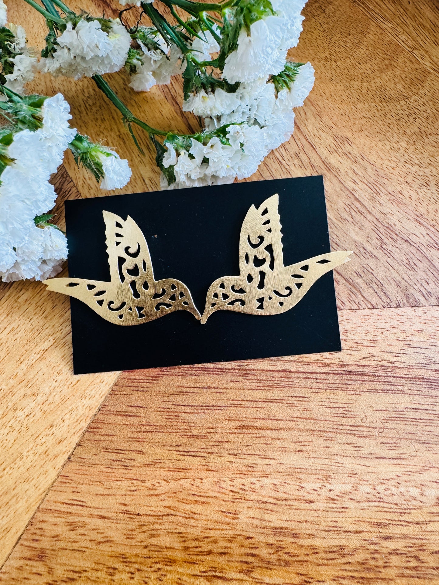 Handmade Brass Dangler Earrings with Natural Stone | bird stud